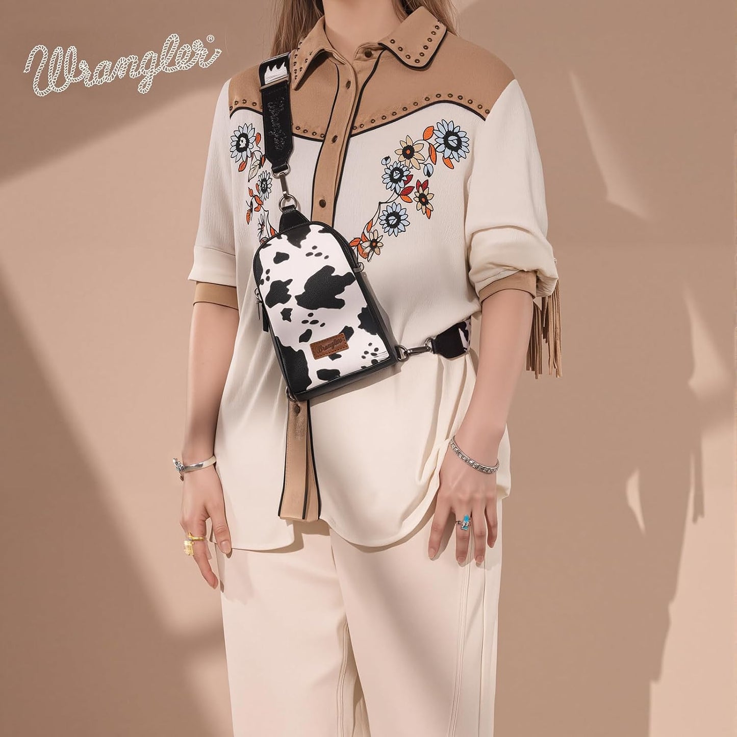Wrangler Cow Print Crossbody Bag for Women - Western Sling Purse with Adjustable Strap