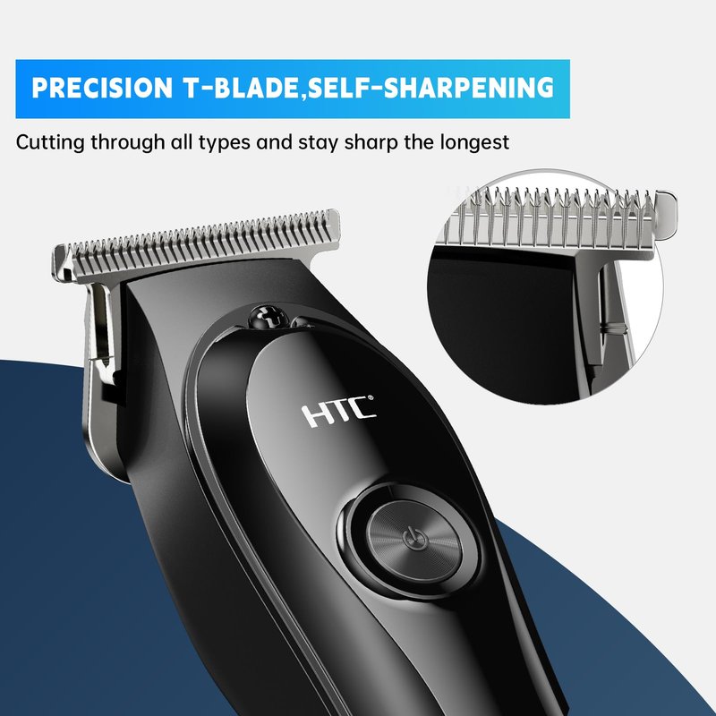 HTC Hair Clippers – Professional Cordless Rechargeable Hair Trimmer with Precision T-Blade, Long-Lasting Lithium Battery, Ergonomic Design, Quiet Motor（Black）