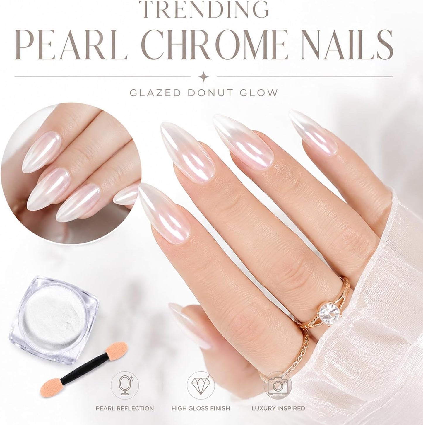 White Pearl Chrome Nail Powder - Iridescent Aurora Metallic Effect | 2 Jars, 6g for Nail Art & Crafts