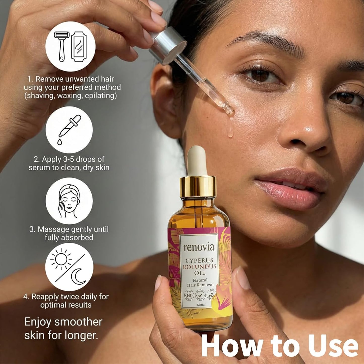 Cyperus Rotundus Oil for Hair Removal - Moisturizing Skin Serum, Gentle Formula | 1 Bottle