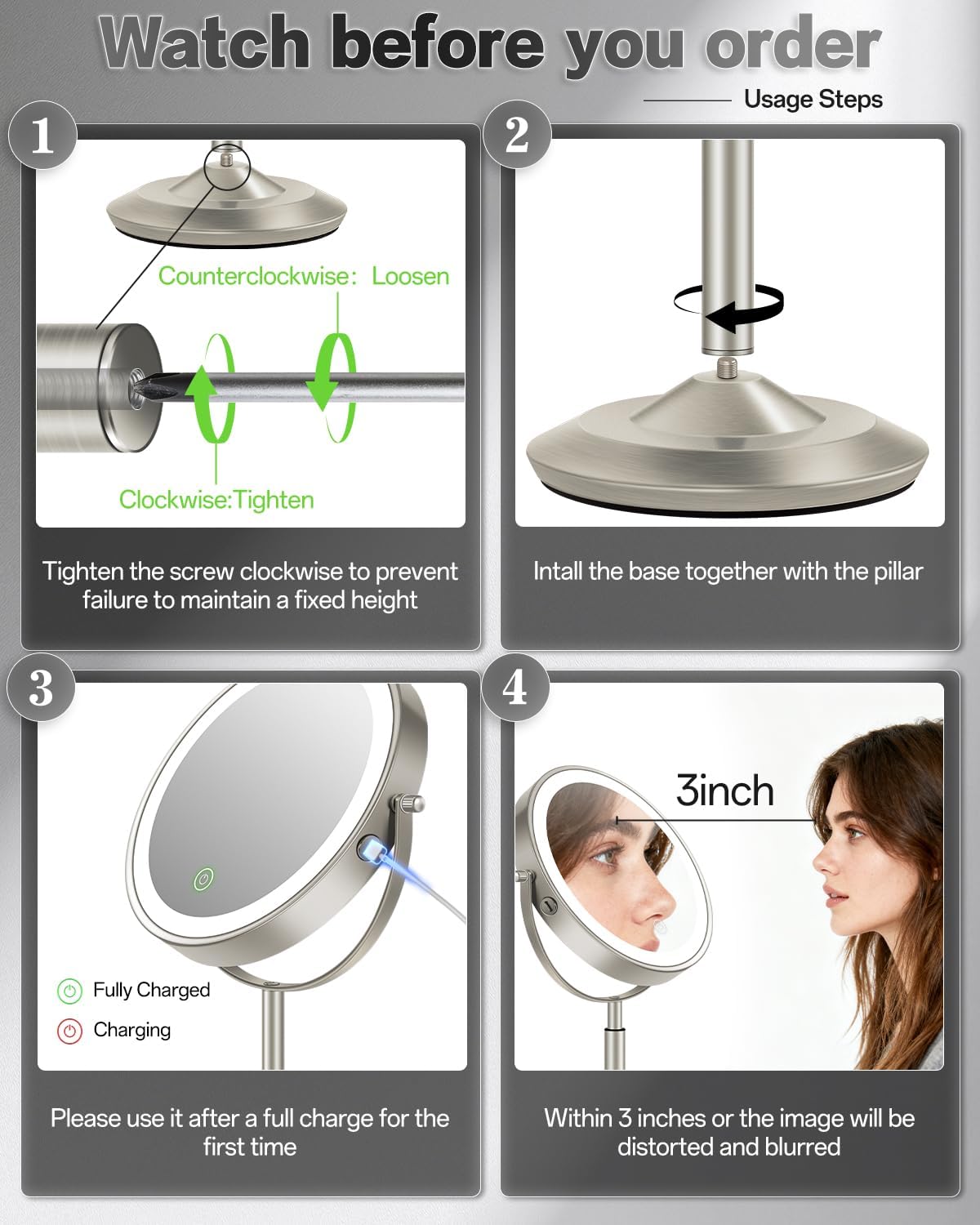 30X/1X Makeup Mirror with Lights - Adjustable Height, 3 Lighting Modes & Rechargeable | Perfect Gift for Women