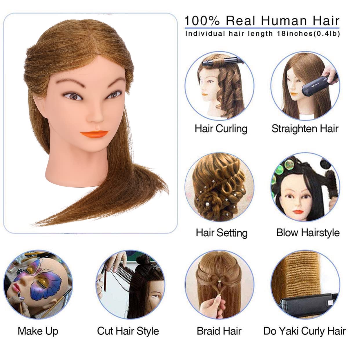 Real Hair Mannequin Head - 18” Brown Cosmetology Training Doll with Clamp & Styling Tools