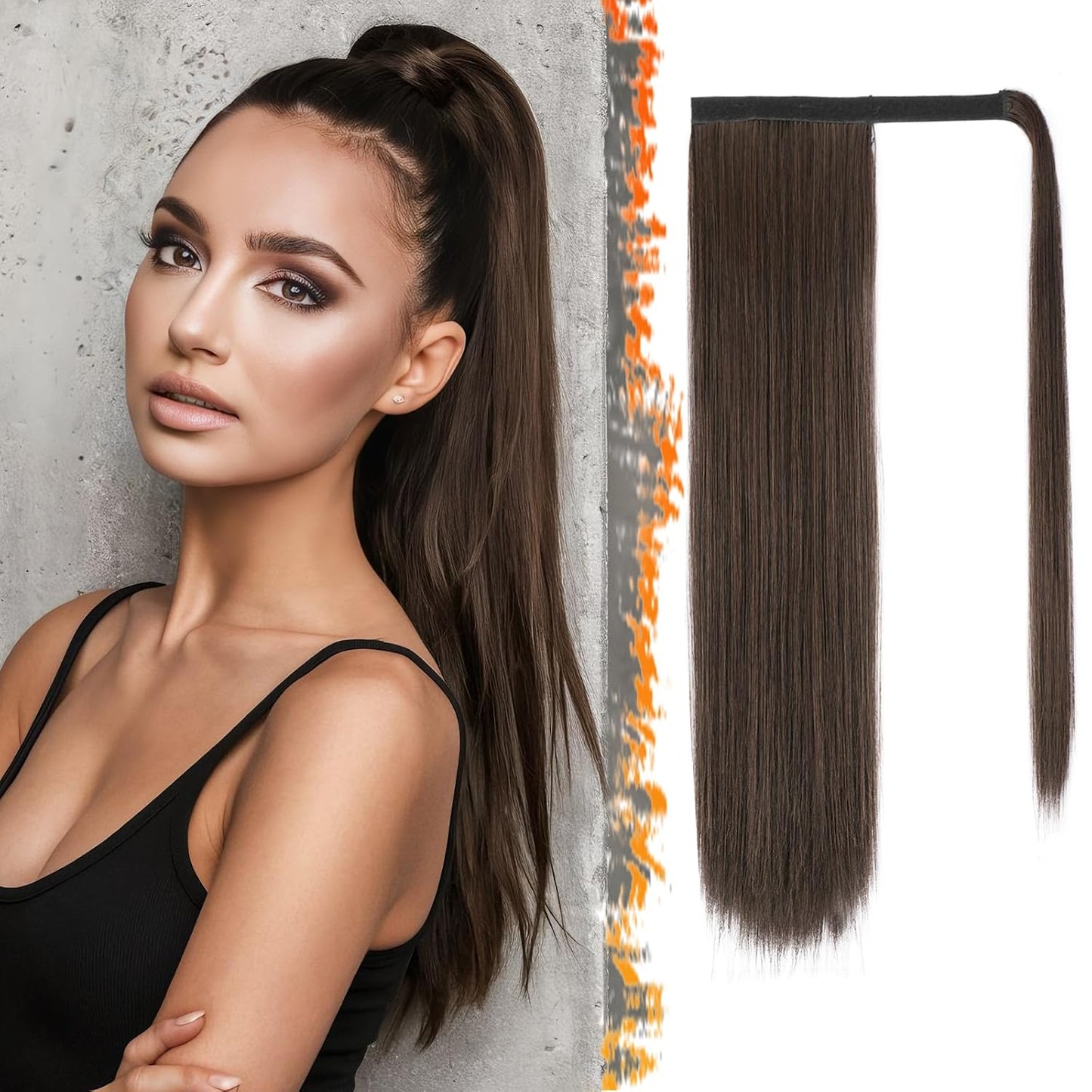 Dark Brown Straight Wrap Ponytail Extension - 24 Inch Clip-In Hairpiece for Black Women | Synthetic Hair