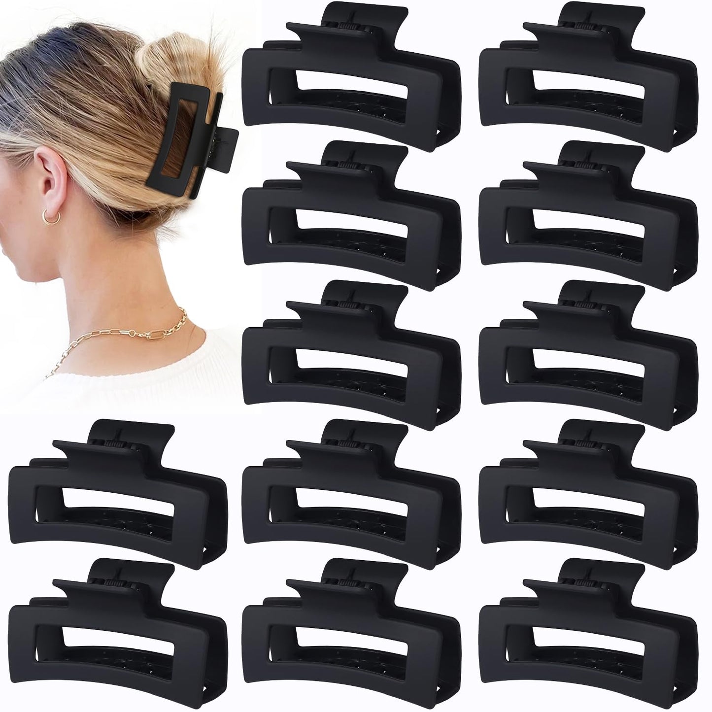 3.5 Inch Medium Hair Accessories - 12 Pcs Square Jaw Clips for Thick & Thin Hair | Rectangular Basic Color Clips for Women & Girls