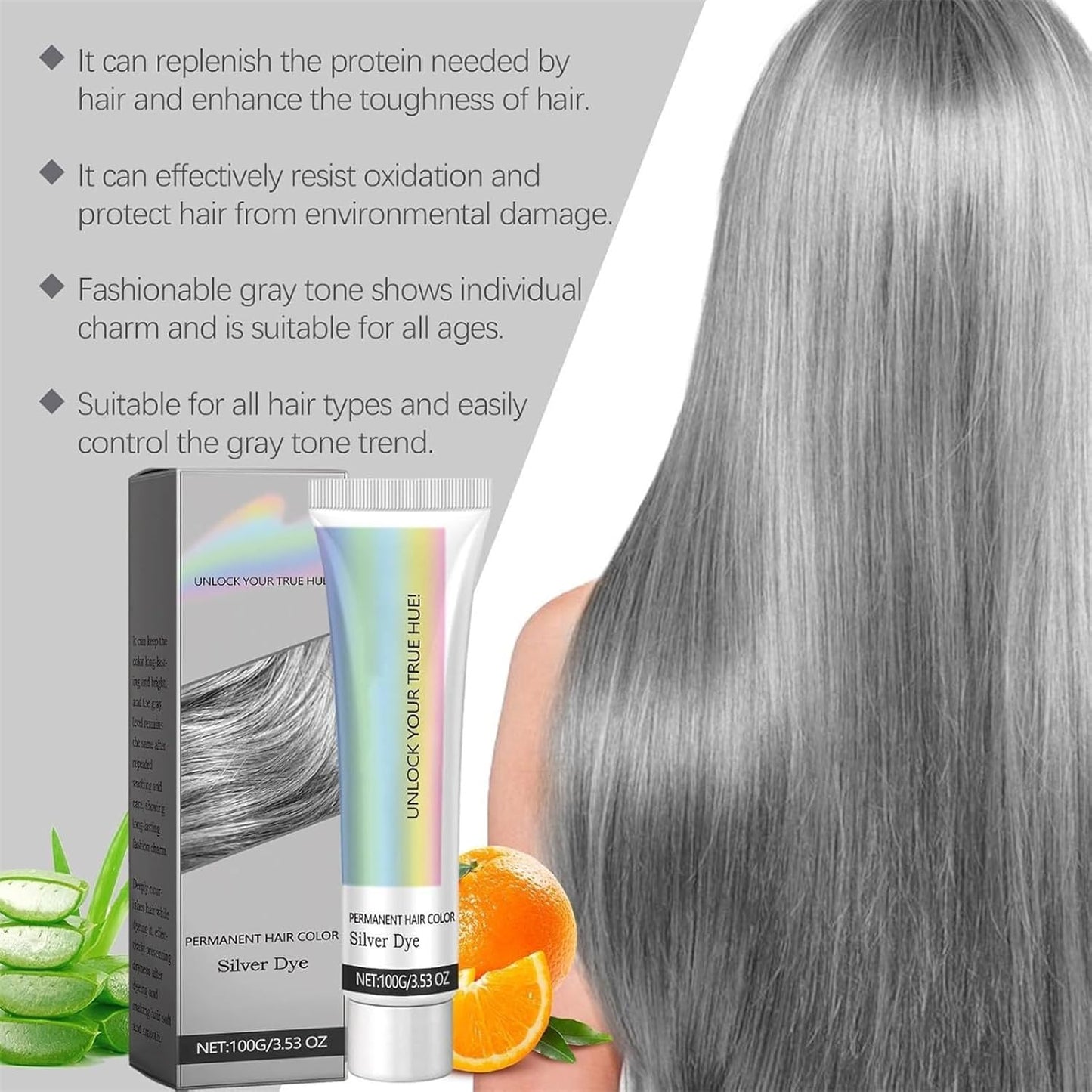 Silver Hair Dye - 2 in 1 Natural Essence Extract for Metallic Gray Color | Permanent Cream for Men & Women