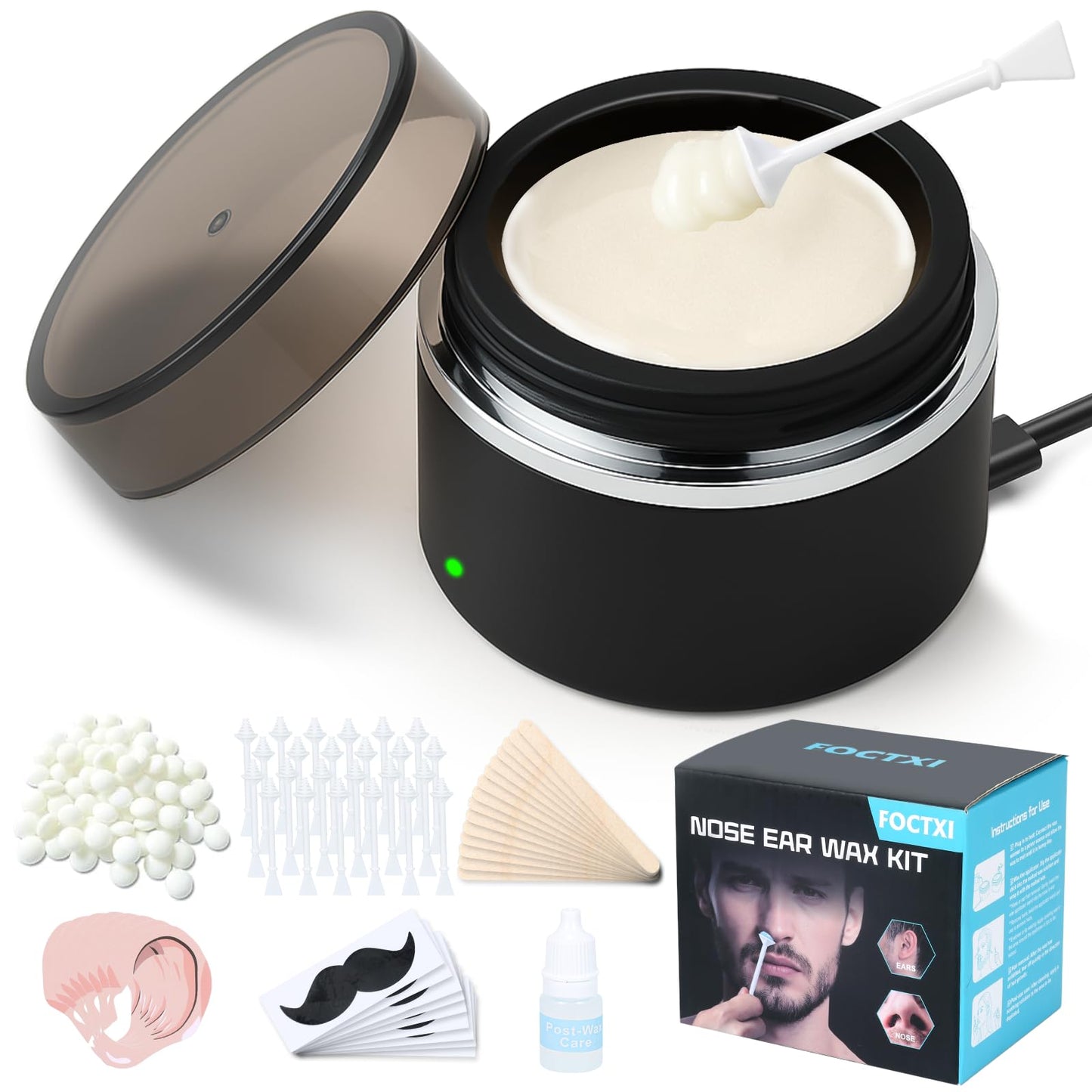 FOCTXI Nose Wax Kit - Portable Ear Nose Hair Waxing Kit for Men and Women with 100g Ｗax, 40 Nose Hair Sticks, 10 Applicators, 10 Mustache & 10 Ear Protectors, Wax Warmer Kit for Hair Removal