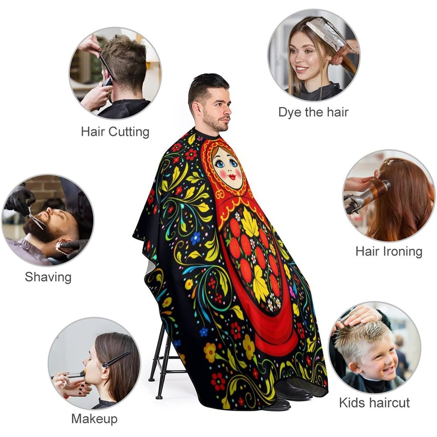 PGDFHGF Russian Doll Floral Adult Barber Apron for Men Women, Soft Durable Hairdressing Cape with Adjustable Snap Closure for Home Use Barbershops Salons