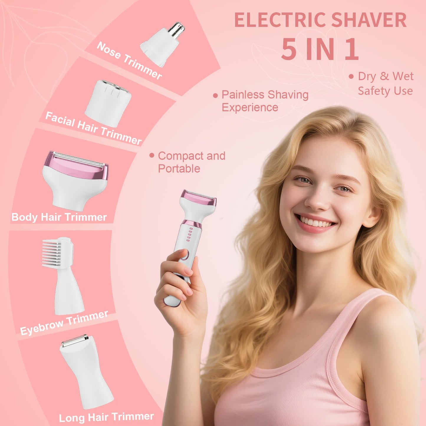 RUIM 5-in-1 Women's Electric Shaver & Hair Trimmer Kit - for Legs, Underarms, Bikini Line, Face & Body, Painless Cordless Wet/Dry Razor, Waterproof & USB Rechargeable for Women Grooming