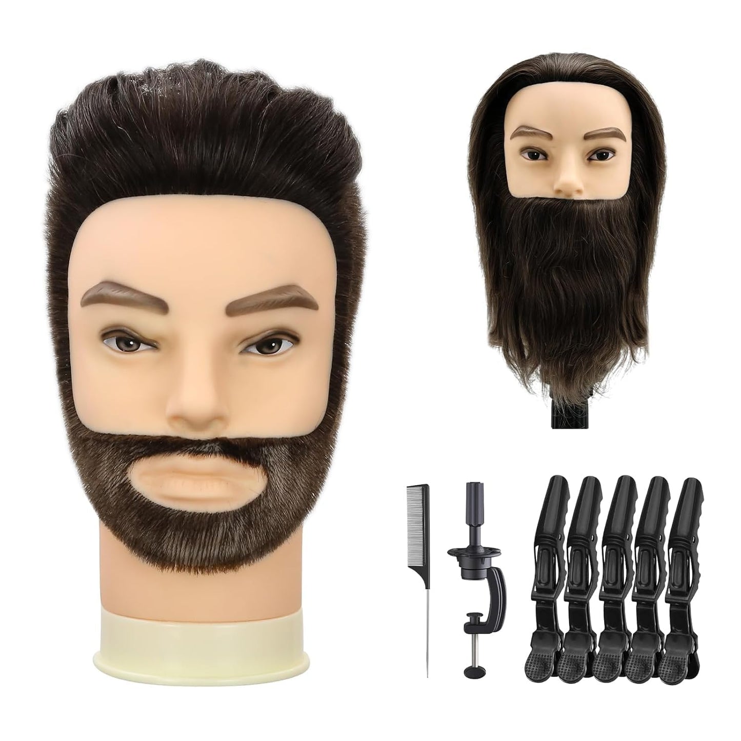 Barber Mannequin Head, 8" Male Mannequin Head 100% Real Human Hair With Beard, Professional Training Doll Manikin Head for Practicing Hair Cutting and Styling, Black