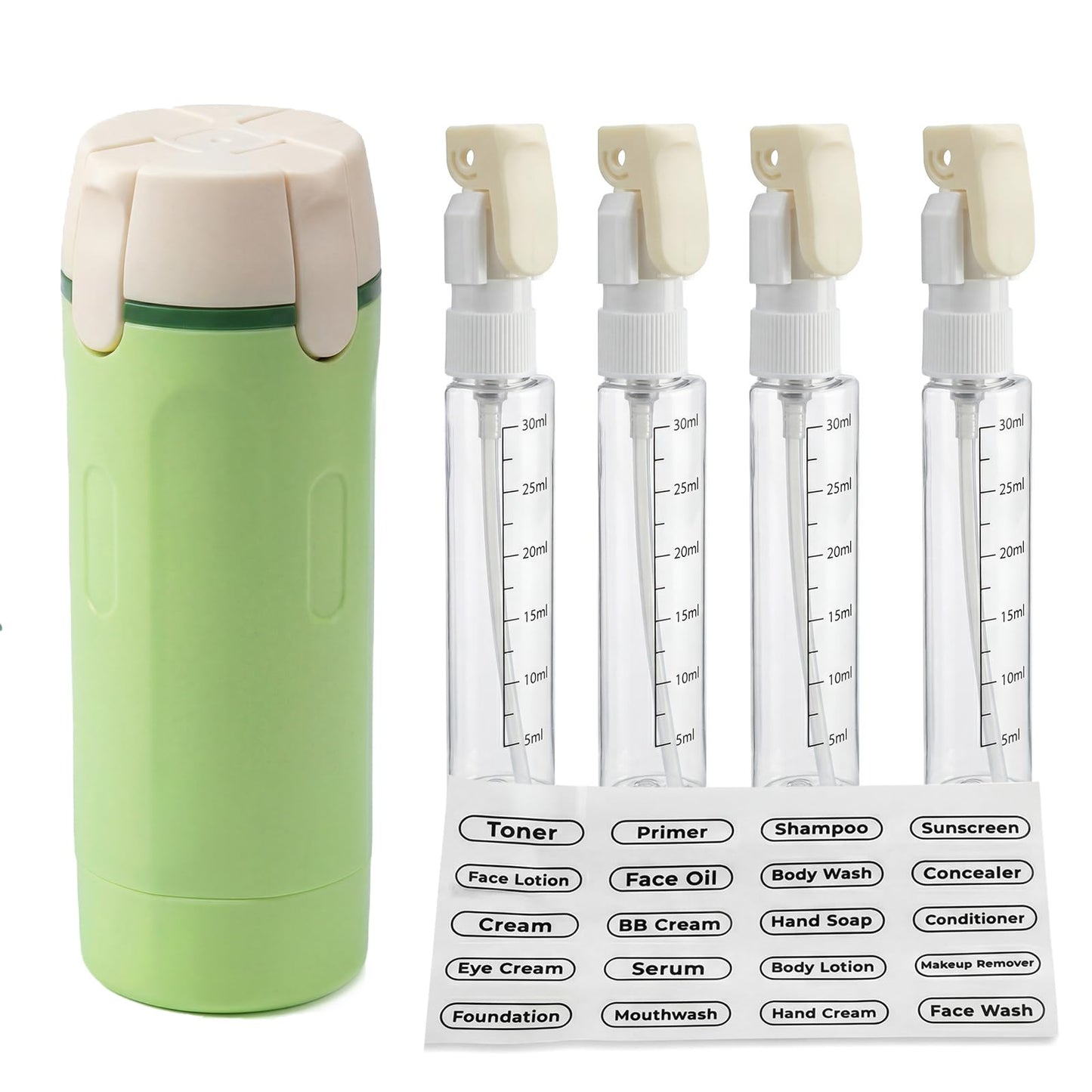 QYWFYZYR 4 in 1 Travel Dispenser Bottle, Travel Containers for Toiletries, Travel Shampoo and Conditioner Bottles, Refillable Travel Size Containers with Pump Bottle, Toiletry Organizer