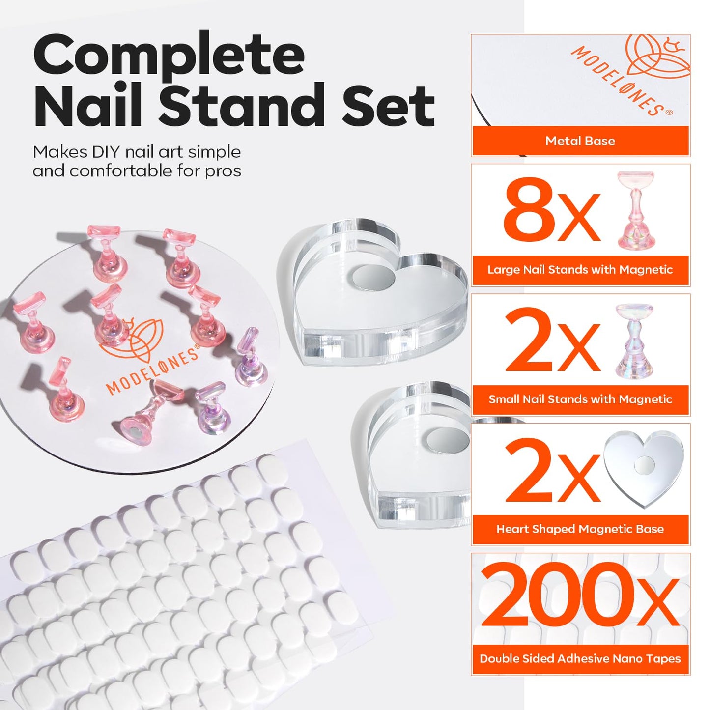 Modelones Nail Stand Set, Magnetic Press On Nails Holders Aurora Pink Plus Kit Standard Pinky Nail Stands for False Nail Tips Practice Round Metal & 2 Heart Display Bases 200PCS Sticky Tabs Nail Art