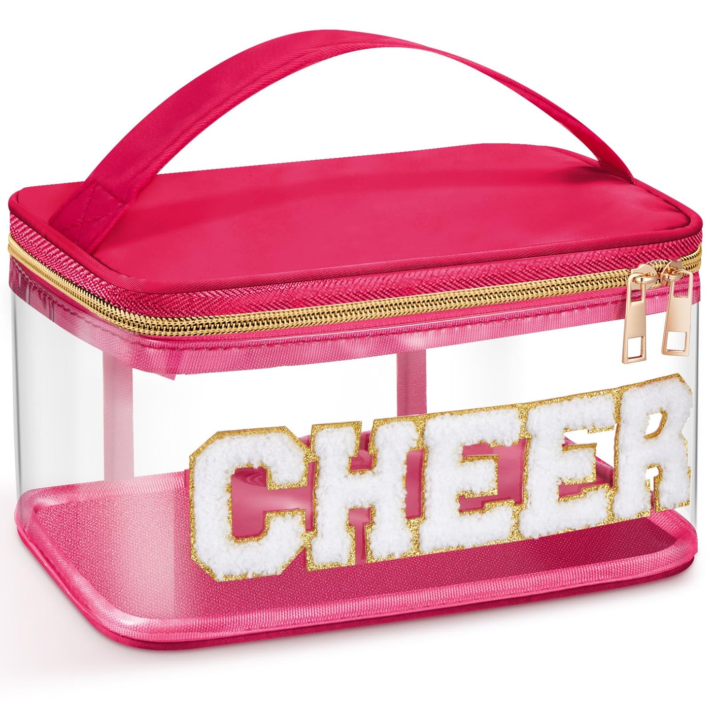 Geetery Chenille Letter Bag, Meds Cheer Travel Cases Cheerleader Gifts Cosmetic Bag Nylon Makeup Portable Preppy Patch with Zipper Toiletry Storage Case for Women(Hot Pink,Cheer)