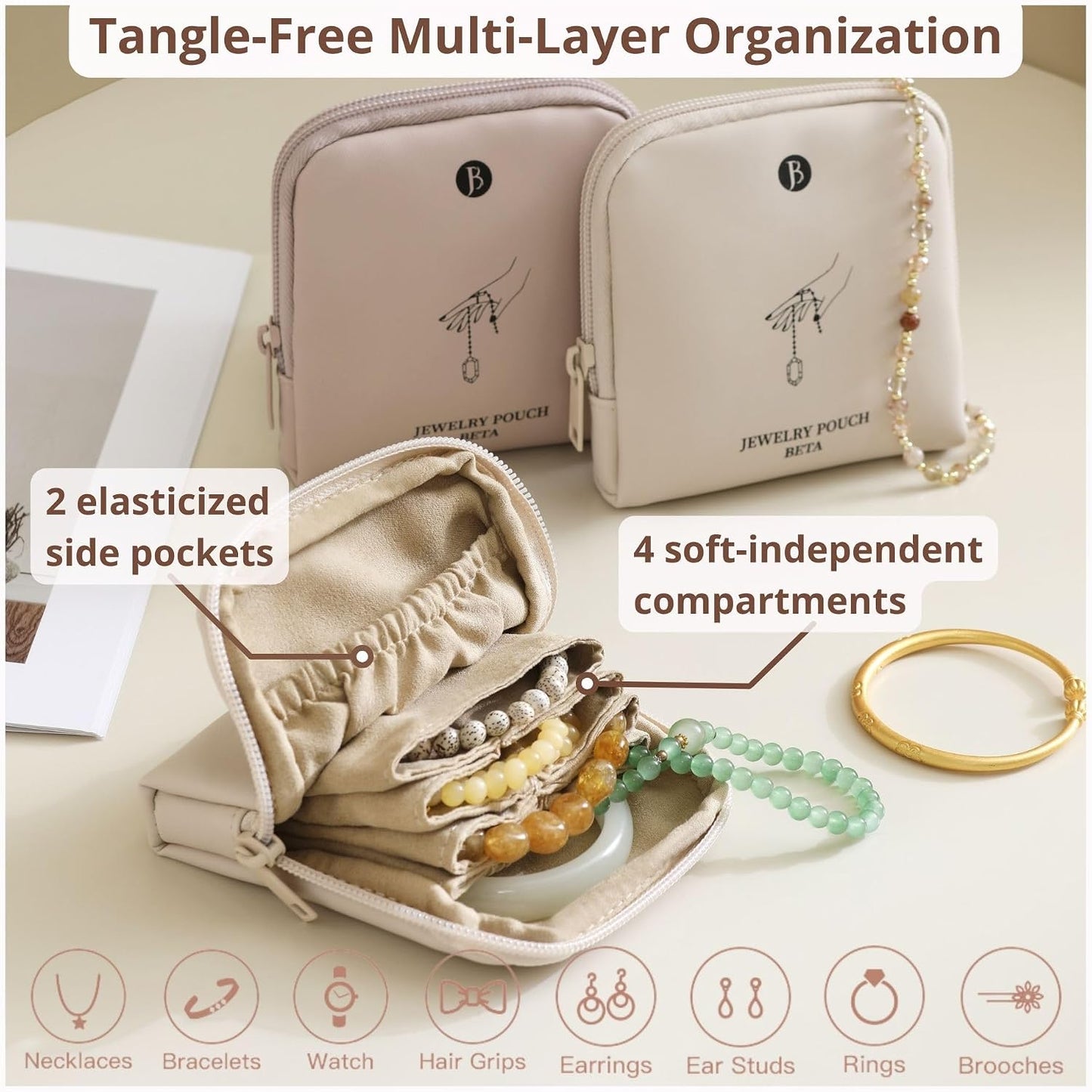 Small Travel Jewelry Case - Tangle-Free Waterproof Organizer for Valuables | Gift Box Included (Beige)