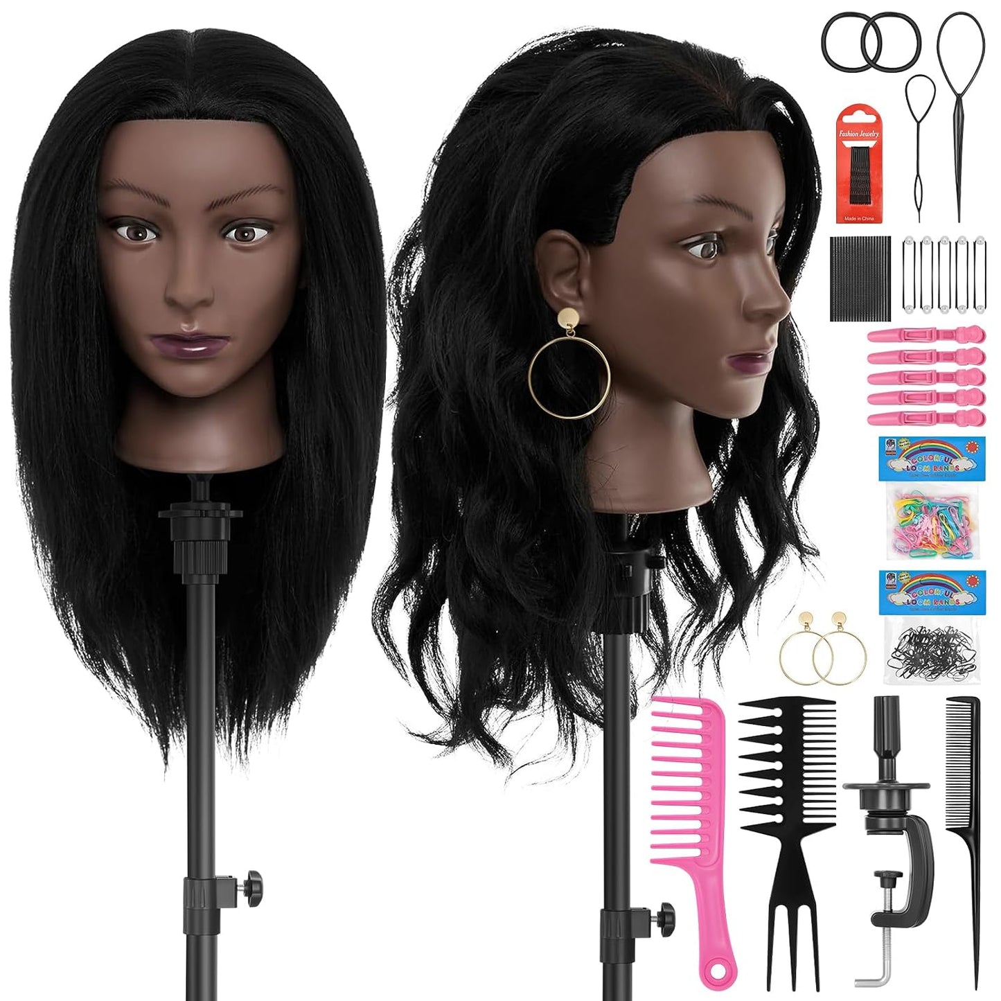 Afro Mannequin Head - 20” Human Hair Cosmetology Doll with Tripod Stand | Ideal for Hairdresser Practice & Braiding