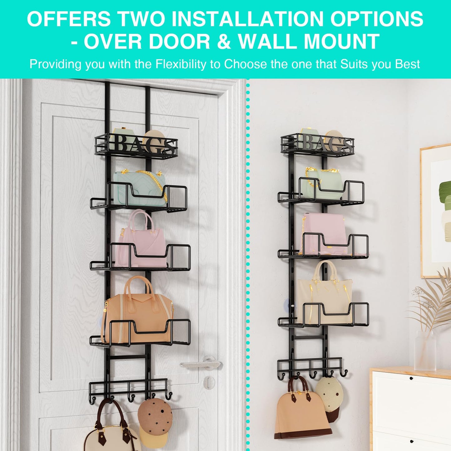 HapiRm Purse Organizer Storage Rack - Floor-Standing 3 Tier Purse Holder with Side Hooks and Transparent Pockets for Handbag Storage, High-Capacity Bag Organizer for Closet, Home, Living Room