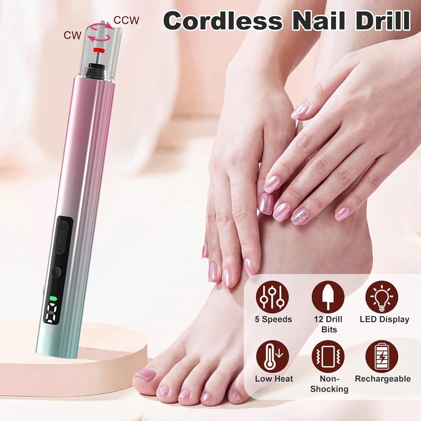 Cordless Electric Nail File Drill - 5 Speed Rechargeable Manicure & Pedicure Kit | UV Light, Portable, for Human & Pet Nails, Grey