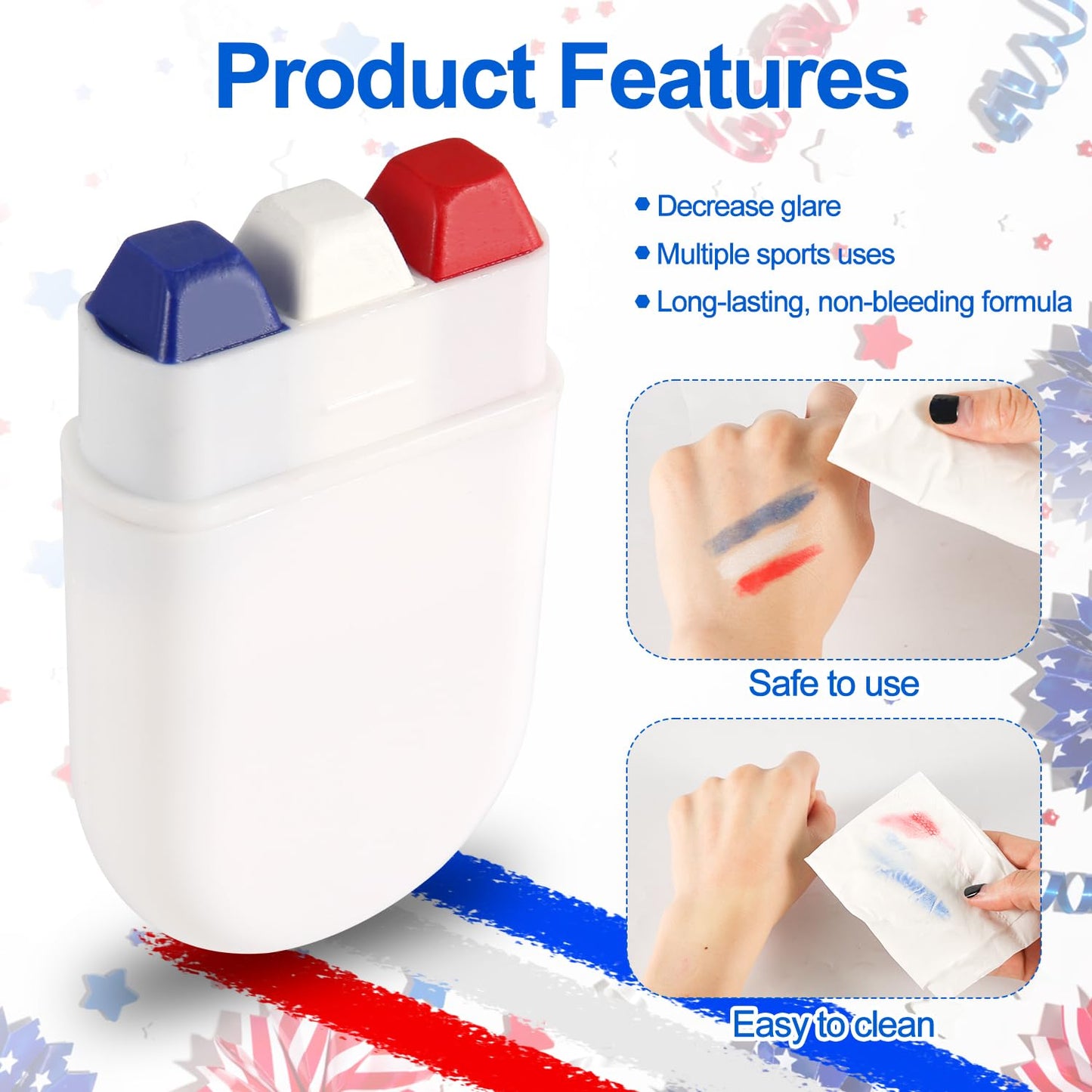 2pcs Patriotic 4th of July Face Paint, Blue White & Red Softball Baseball Face Paint Stick USA American Flag Independence Day & Sports Events Stuff for Athletes Men Women