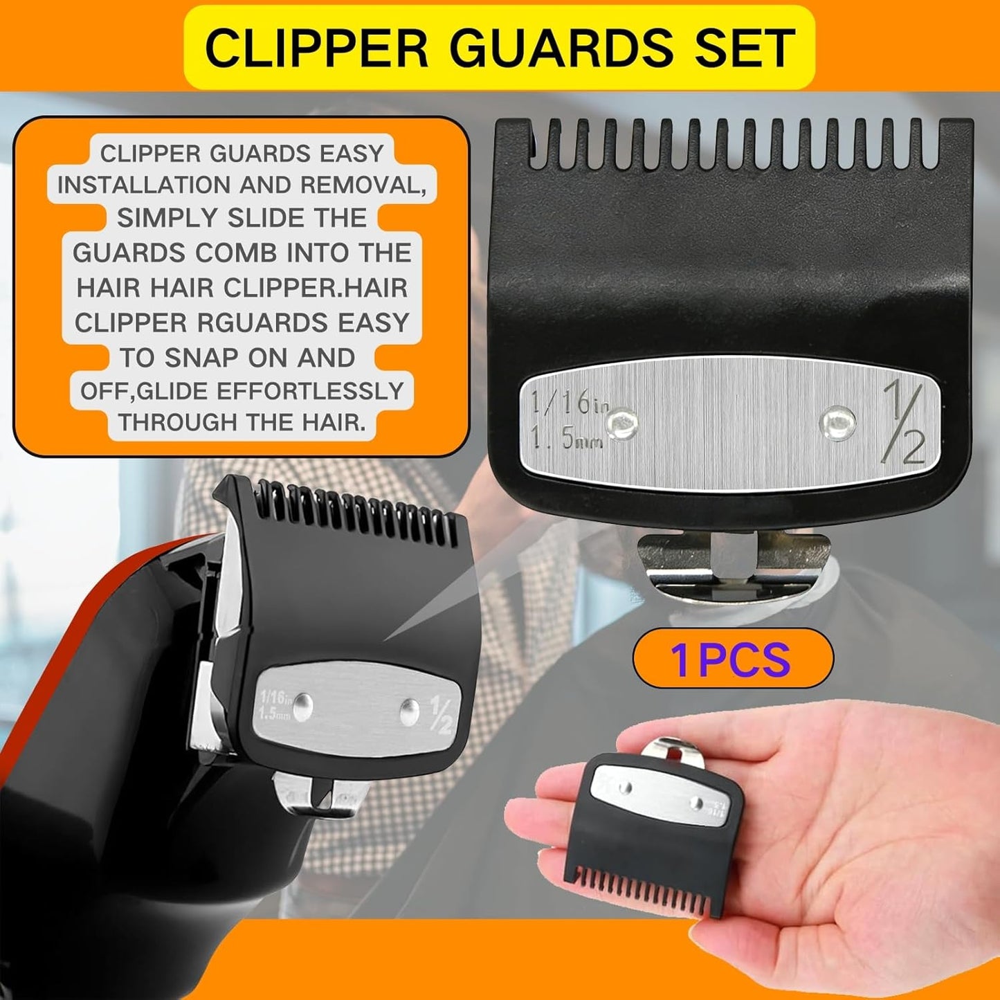 Clipper Guards Set - Compatible with Wahl Clipper | 1.5mm Metal Guide Comb Attachment, 1/16" for Professionals, Black