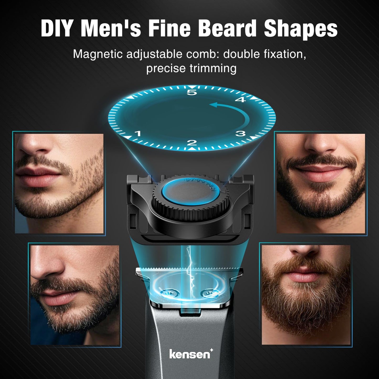 KENSEN Adjustable Beard Trimmer for Men - Professional Electric Trimmer with Ceramic Blades, Mustache Trimmer for Men 1-5mm Length Settings IPX6 Waterproof 90 Min Runtime Gifts for Men