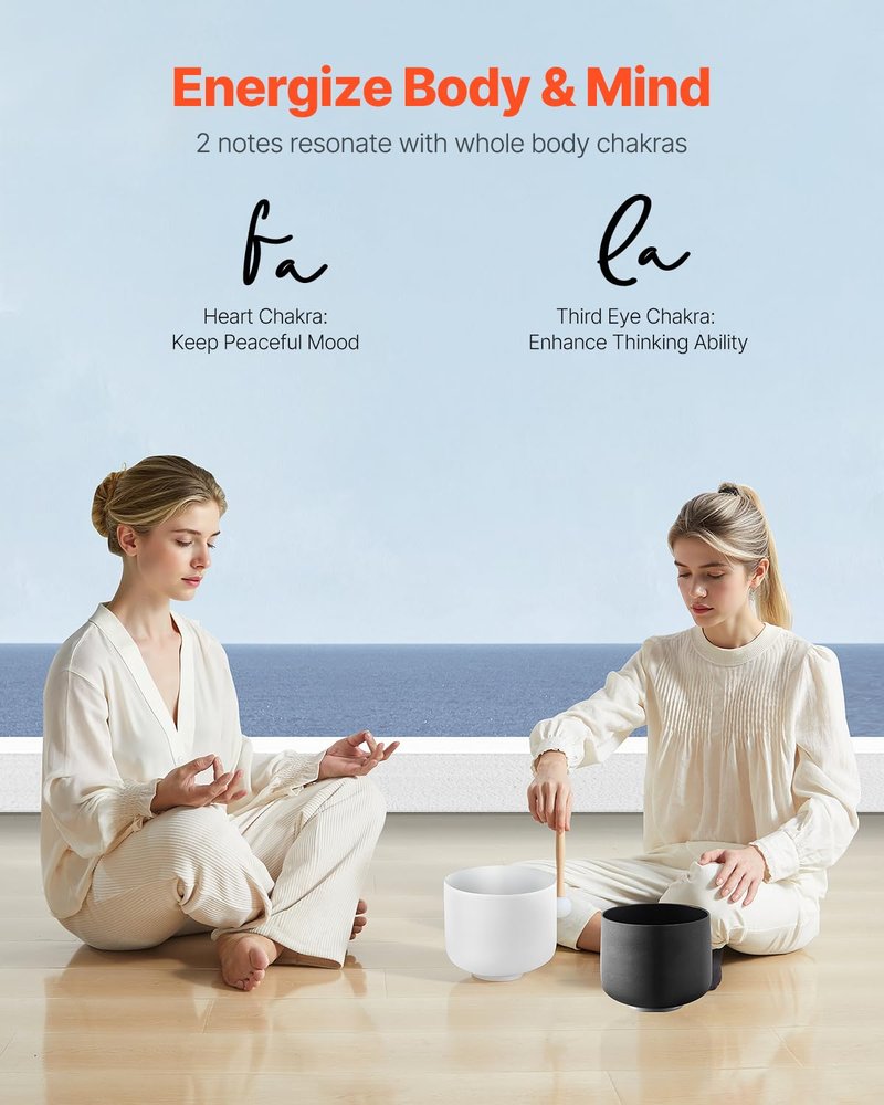 VEVOR Crystal Singing Bowl, 8-inch F Note Heart Chakra Singing Bowl, Frosted Quartz with Rubber Mallet and O-Ring, Perfect for Meditation, Yoga, Sound Baths, Sound Healing