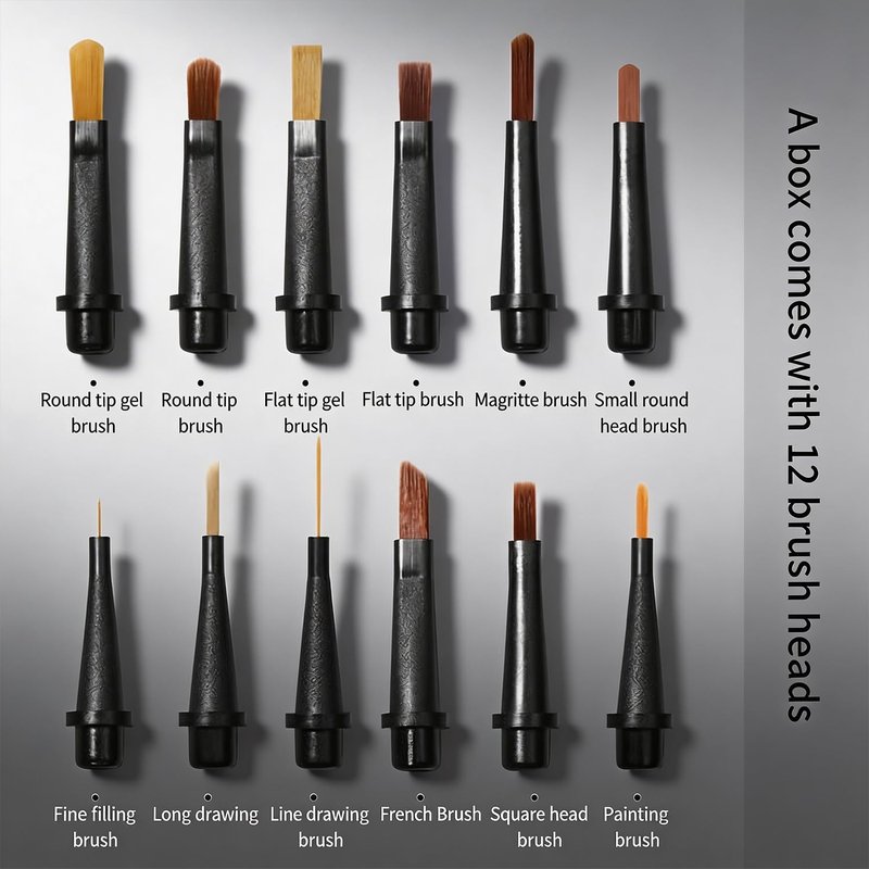Nail Polish Brush Set - 12 Pcs Replaceable Nail Art Brushes with Wooden Handle for Gel Polish | DIY Manicure Kit