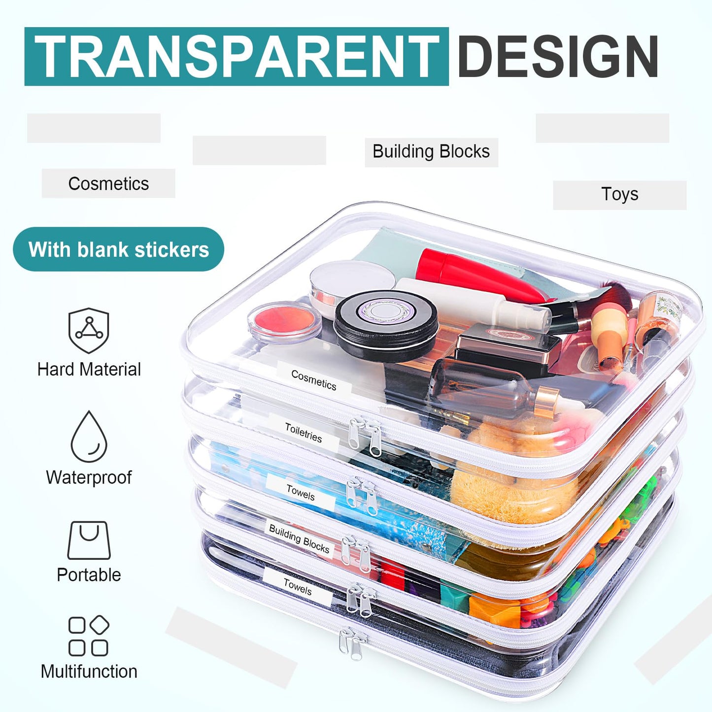 Sanwuta 10 Pcs Hard Zipper Case Clear Hard Pouches Plastic Zipper Pencil Portable Box Toy Storage Bins Plastic Container for Travel Toiletry Office Cosmetic Block Puzzle Organizer (L,Clear)