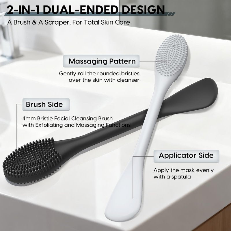 Silicone Facial Cleansing Brush - 2PC Double Ended Exfoliator for Deep Pore Cleaning, Blackhead Removal & Makeup Application - Soft, Hygienic & Waterproof Face Scrubber Massager（Black+Gray）