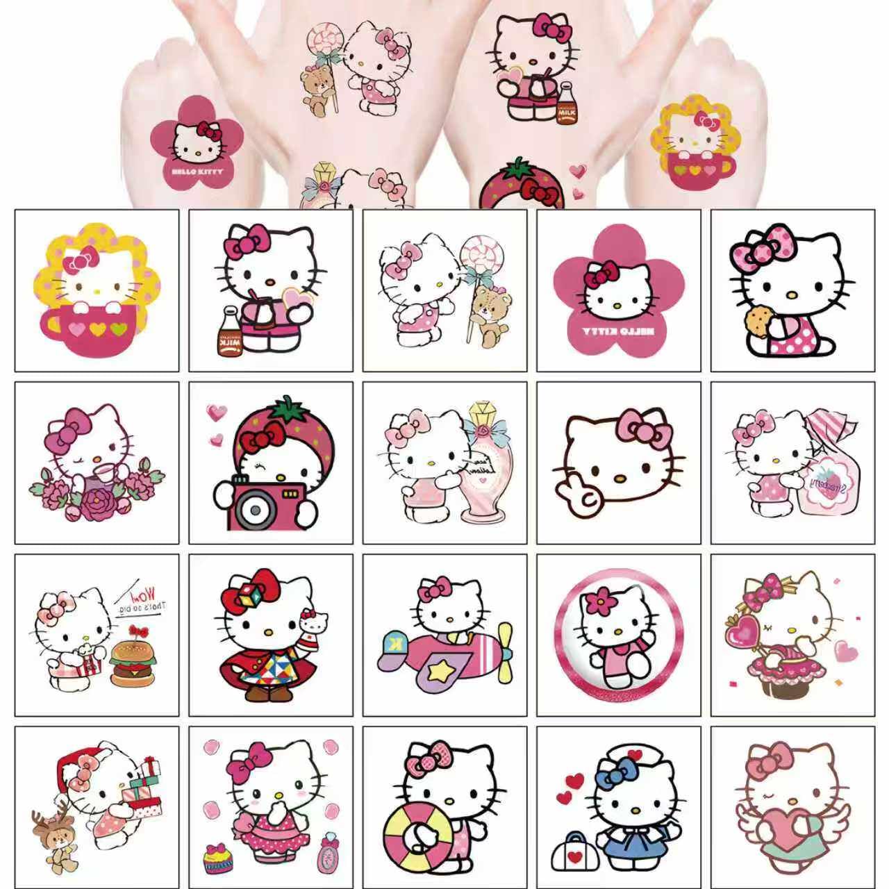20pcs Hello Cat Kitty Temporary Tattoos for Teens Birthday Party Supplies, Party Favors Fake Tattoos Stickers,Birthday Decorations Party Game Activities Reward Gifts (Hello Cat Kitty)