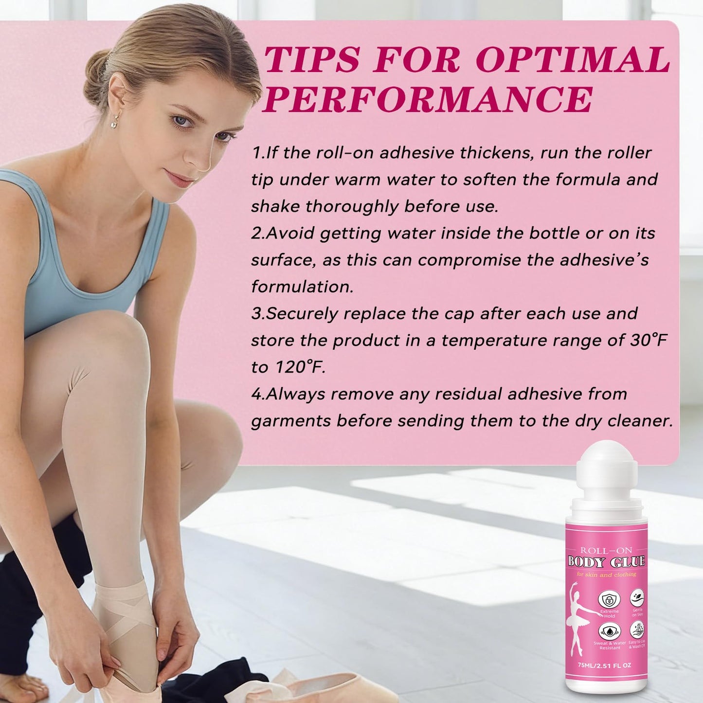 Body Glue for Clothes & Skin 2.54 Oz, Roll-On Body Adhesive, Sweat Resistant, Skin-Friendly and Washable Fashion Glue, Fabric-Safe Fashion Tape Glue for Dancers, Socks, Leotards, Bras, Wigs & Costumes