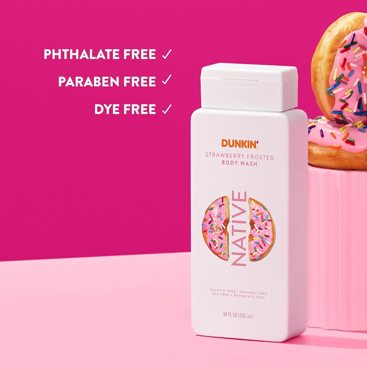 Native Body Wash - Dunkin Strawberry Frosted | Naturally Derived Ingredients, Sulfate & Paraben Free | 18 oz