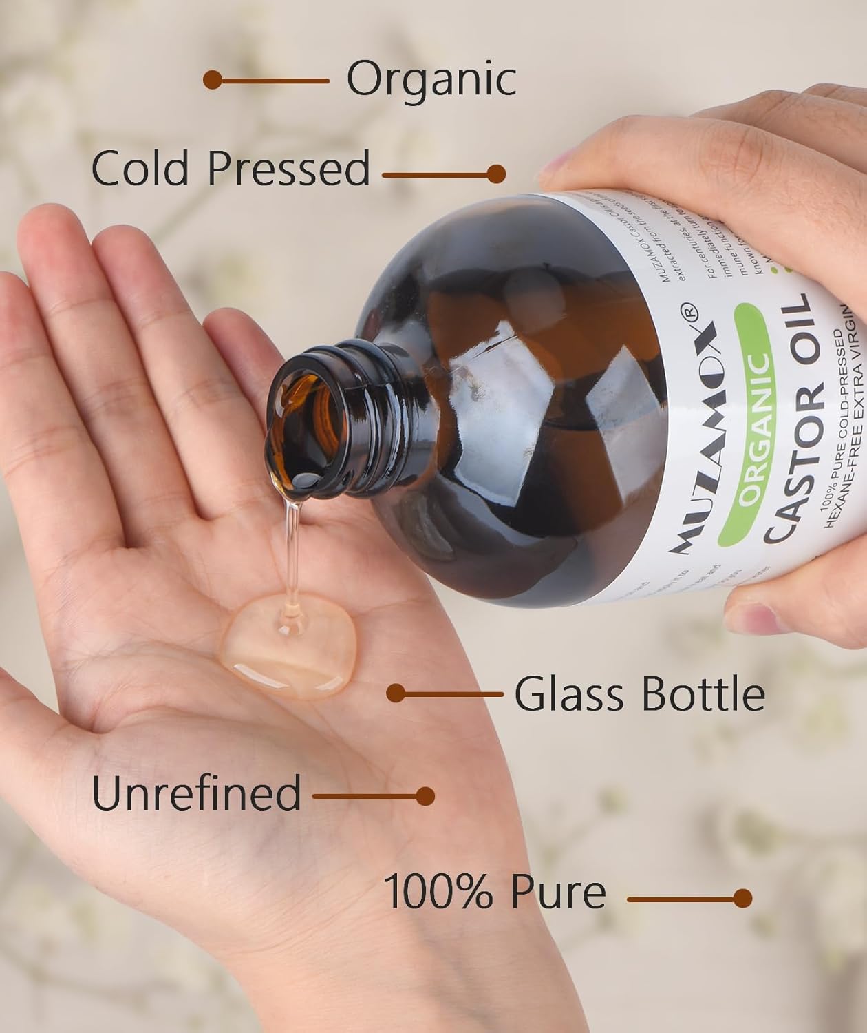 Organic Castor Oil - Cold Pressed & Unrefined | 100% Pure, Hexane-Free, 16 Fl Oz for Skin & Hair Growth