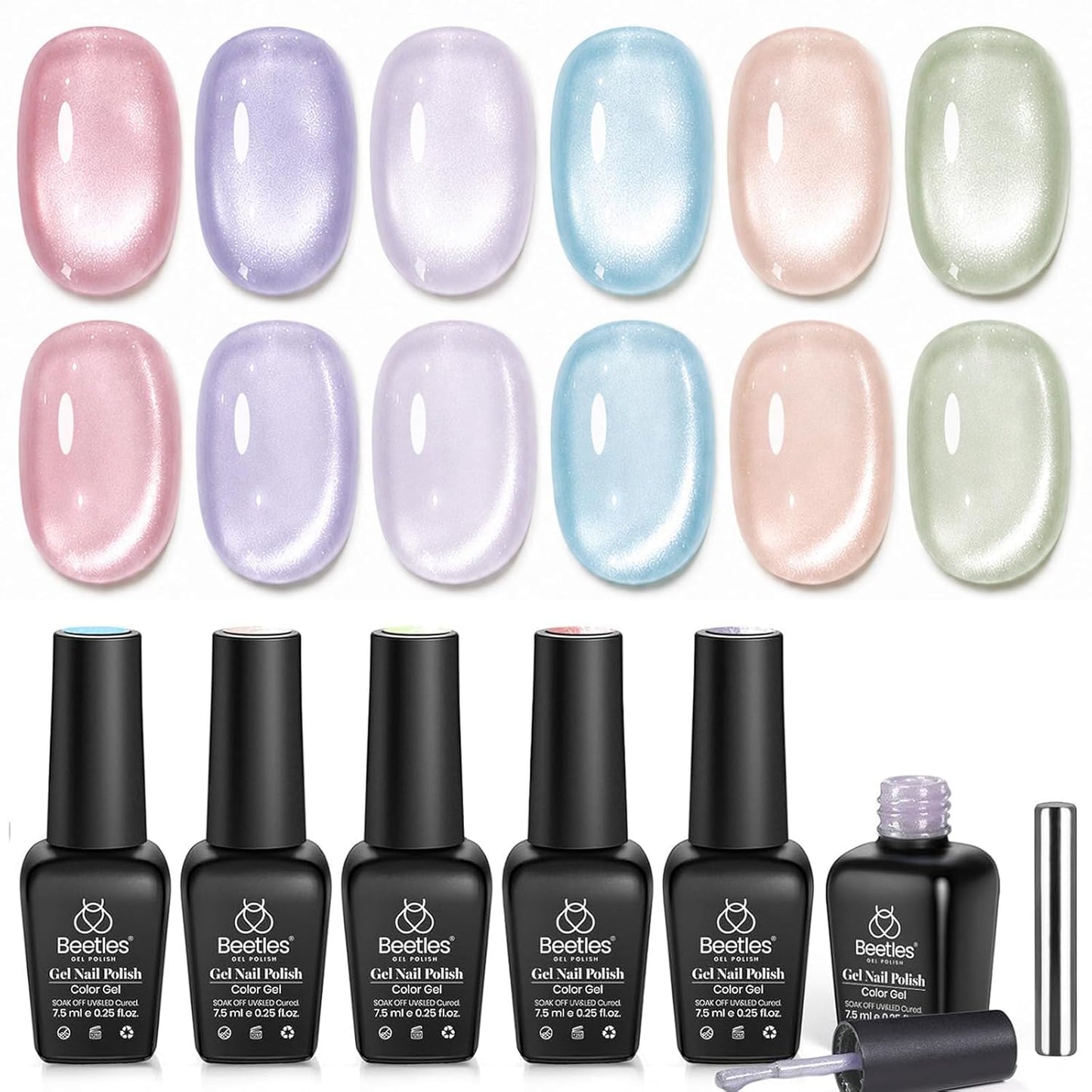 Beetles Cat Eye Gel Nail Polish Set - 6 Summer Glitter Colors | Mint Green, Icy Blue, Teal, Sapphire, Navy, 3D Shimmer Effect