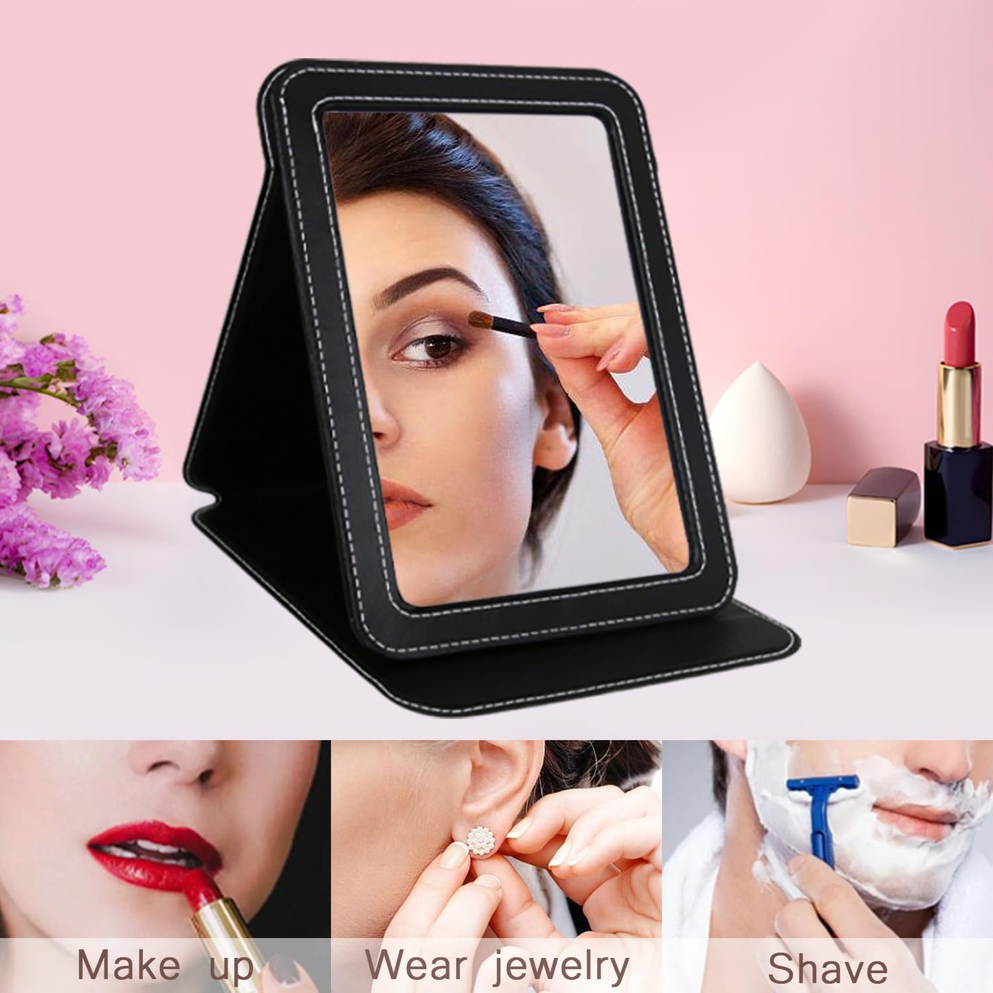 Travel Mirror - 6.5x8.9” Adjustable Foldable Desk Mirror with PU Edge Cover - Perfect for Camping & Home Use