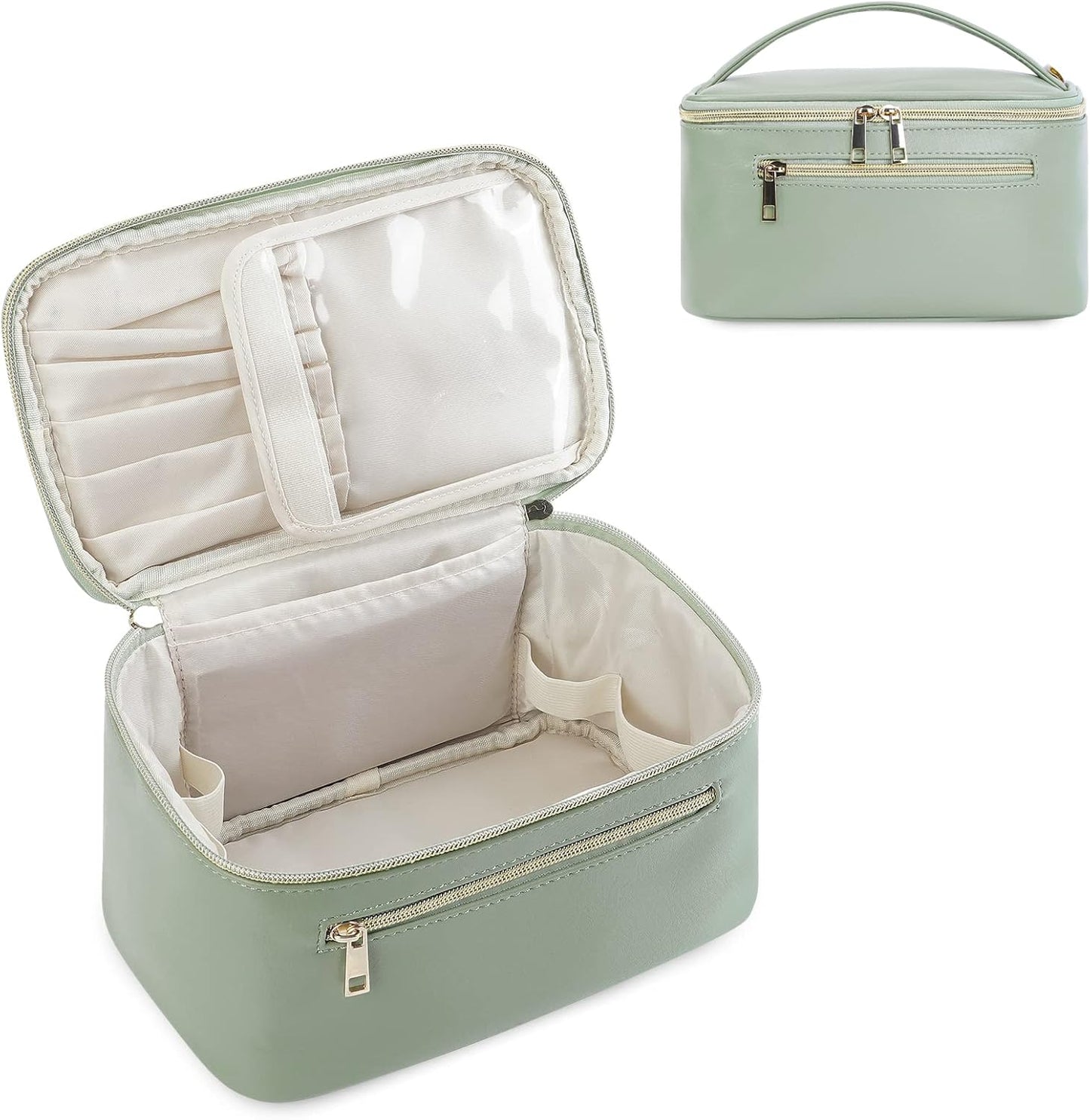 Makeup Bag - Travel Cosmetic Organizer in Vegan Leather | Sage Green, Stylish & Functional