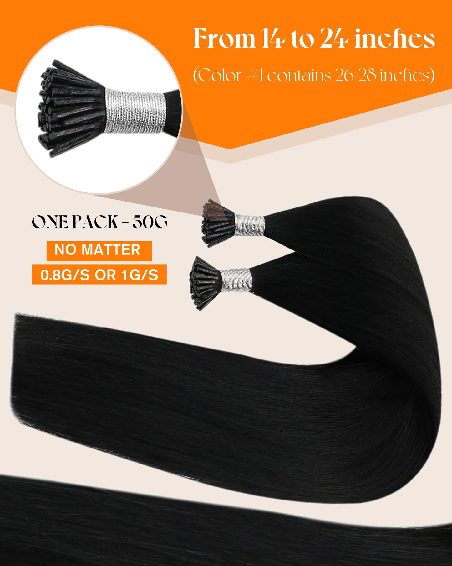 Sunny Hair Soft I Tip Human Hair Extensions, Black, for Women with Short Straight Hair Seeking Volume, Prevents Flatness at Wedding Receptions and Evening Parties, 50g 14 Inch
