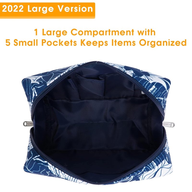 Cute Makeup Bag Organizer - Travel Cosmetic Bag with Compartments for Women | Large Blue Lotus Design