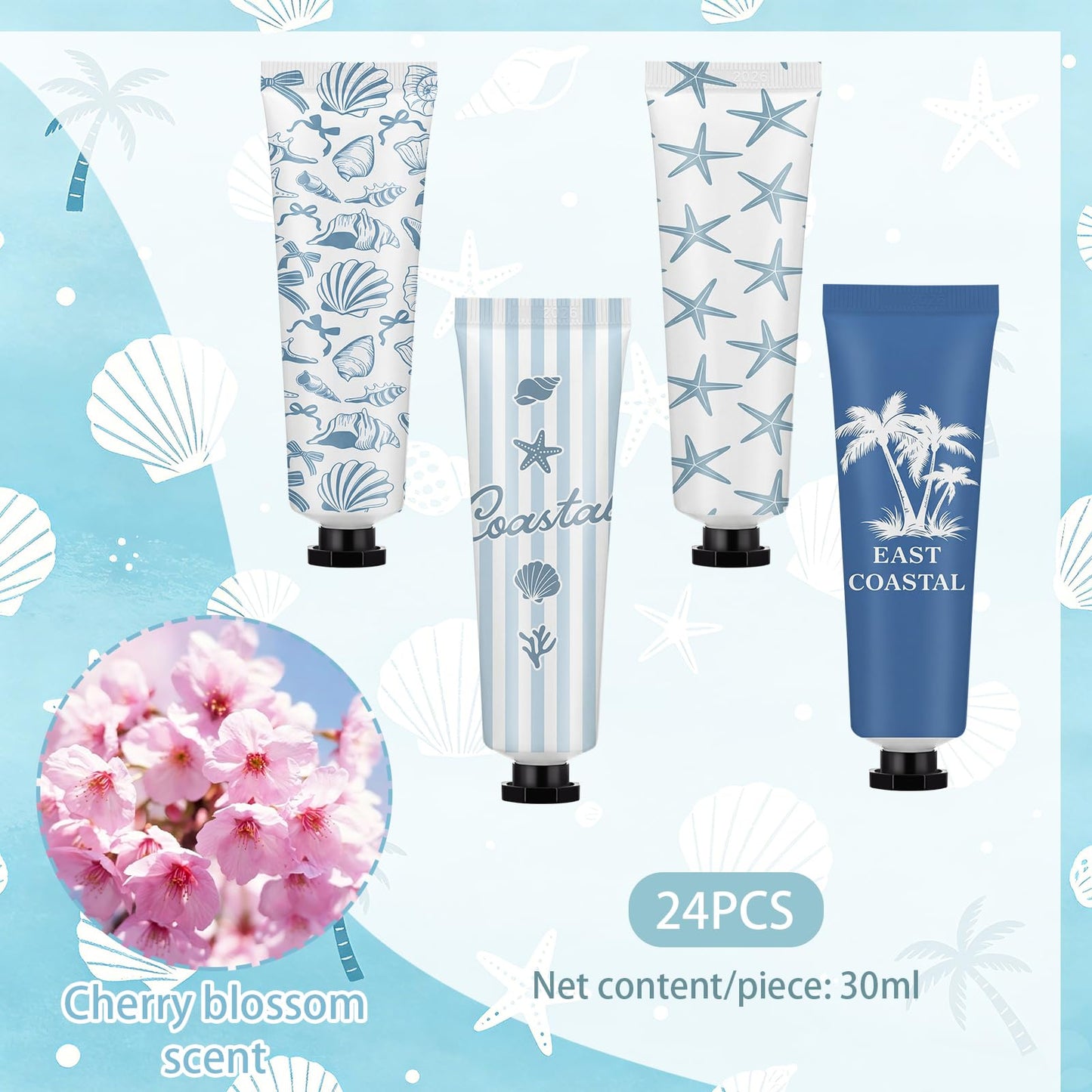 Loopeer 24 Pcs Coastal Hand Cream Gifts Bulk East Coastal Ocean Seashell Beach Design Portable Travel Size Hand Lotion Appreciation Gift for Girls Women Summer Vacation Supplies Beach Accessories