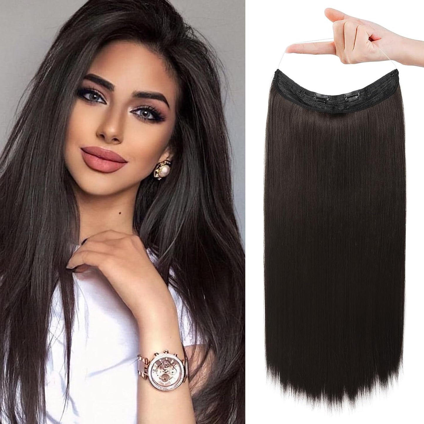 Invisible Wire Hair Extensions - Adjustable Transparent Headband with Secure Clips | Natural Black Hairpiece for Women