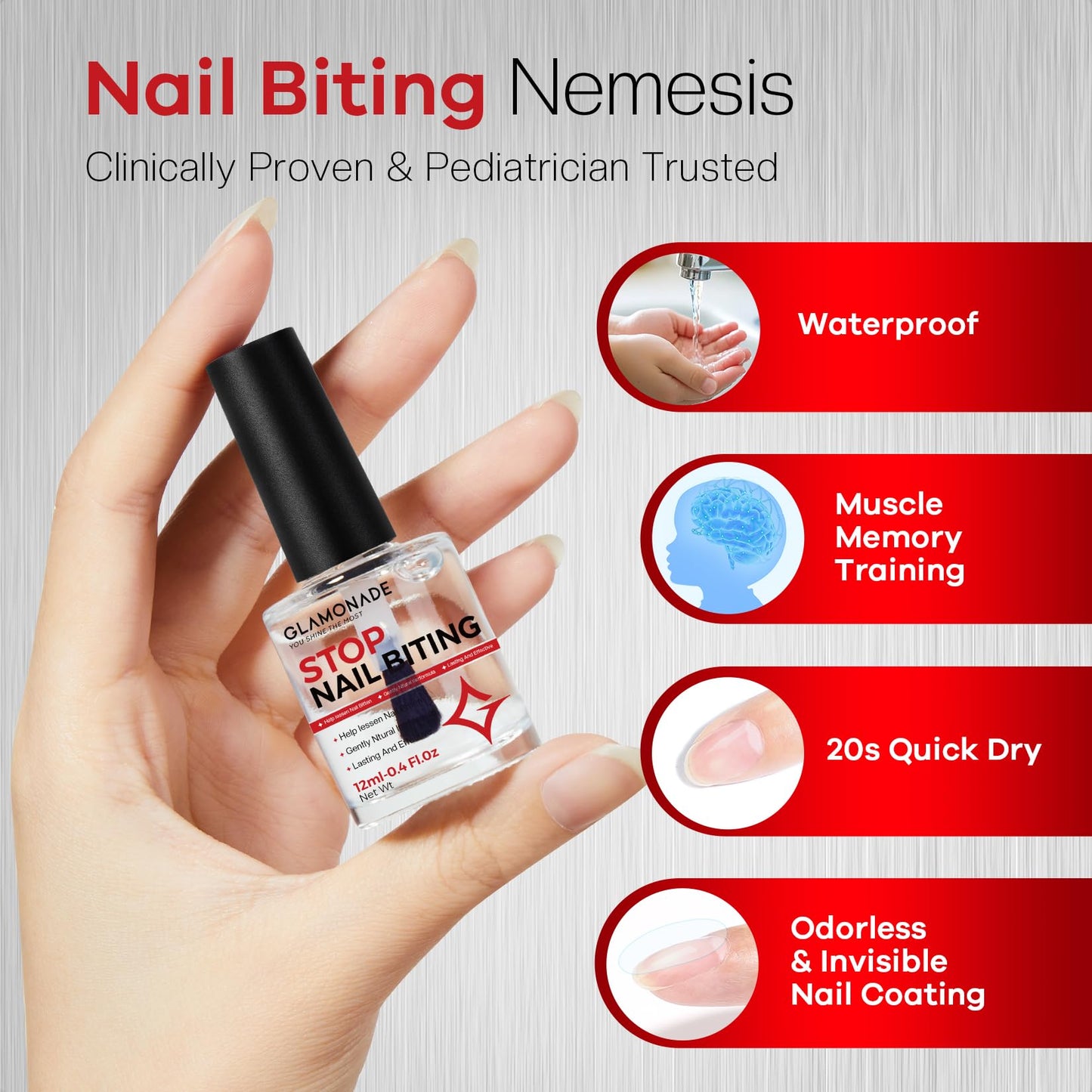 Glamonade Nail Biting Prevention For Kids: 12ml Extra Bitter No Bite Nail Polish Thumb Sucking Deterrent 48H Long-Lasting Matte Clear Strength Nail Repair for Damaged Nails Care & Habit Breaker Aid