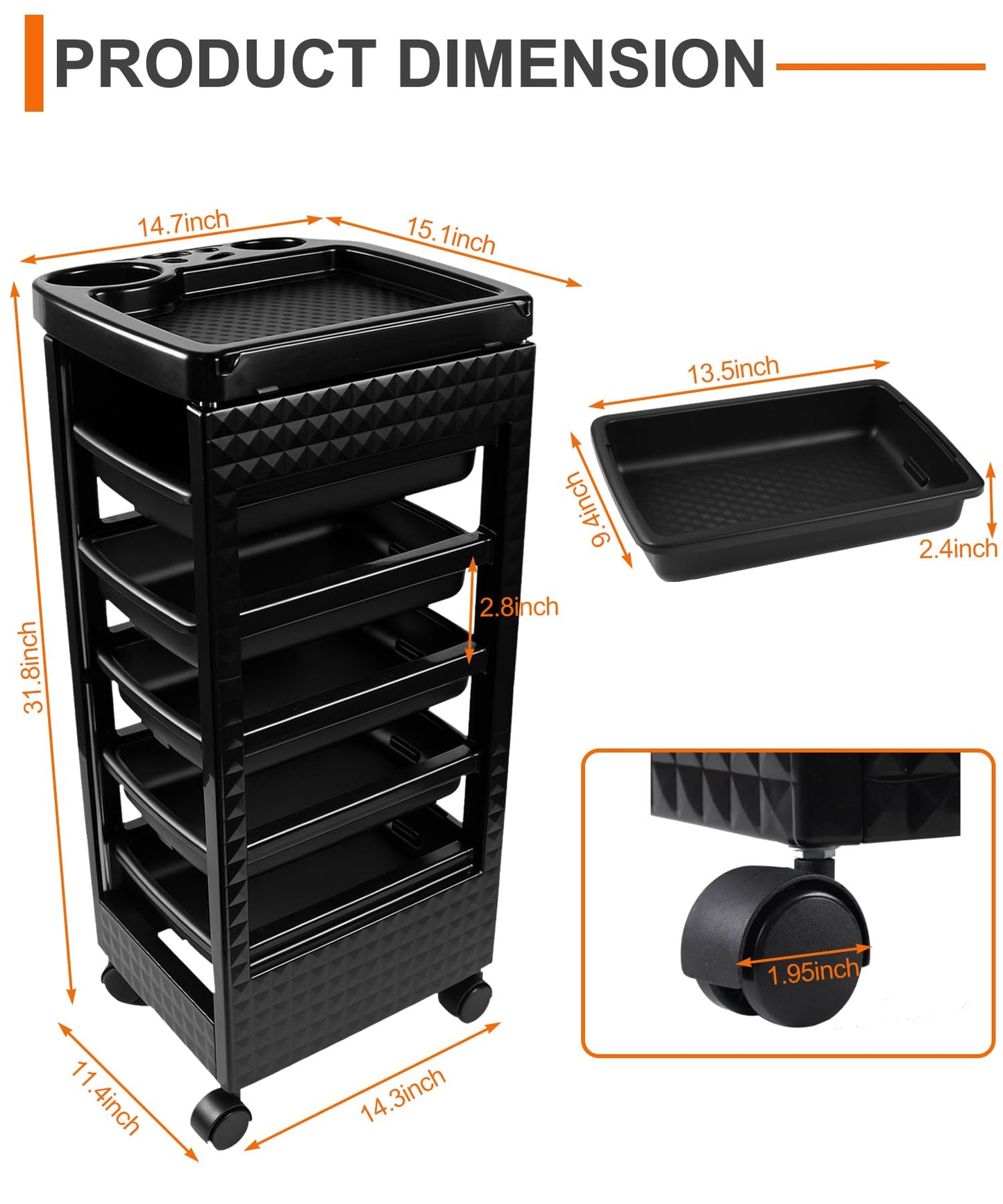 Hair Styling Salon Trolley Cart with Wheels and 5 Drawers,Rolling Cart for Hair Stylist, Beauty Salon Equipment,Tattoo(Black)