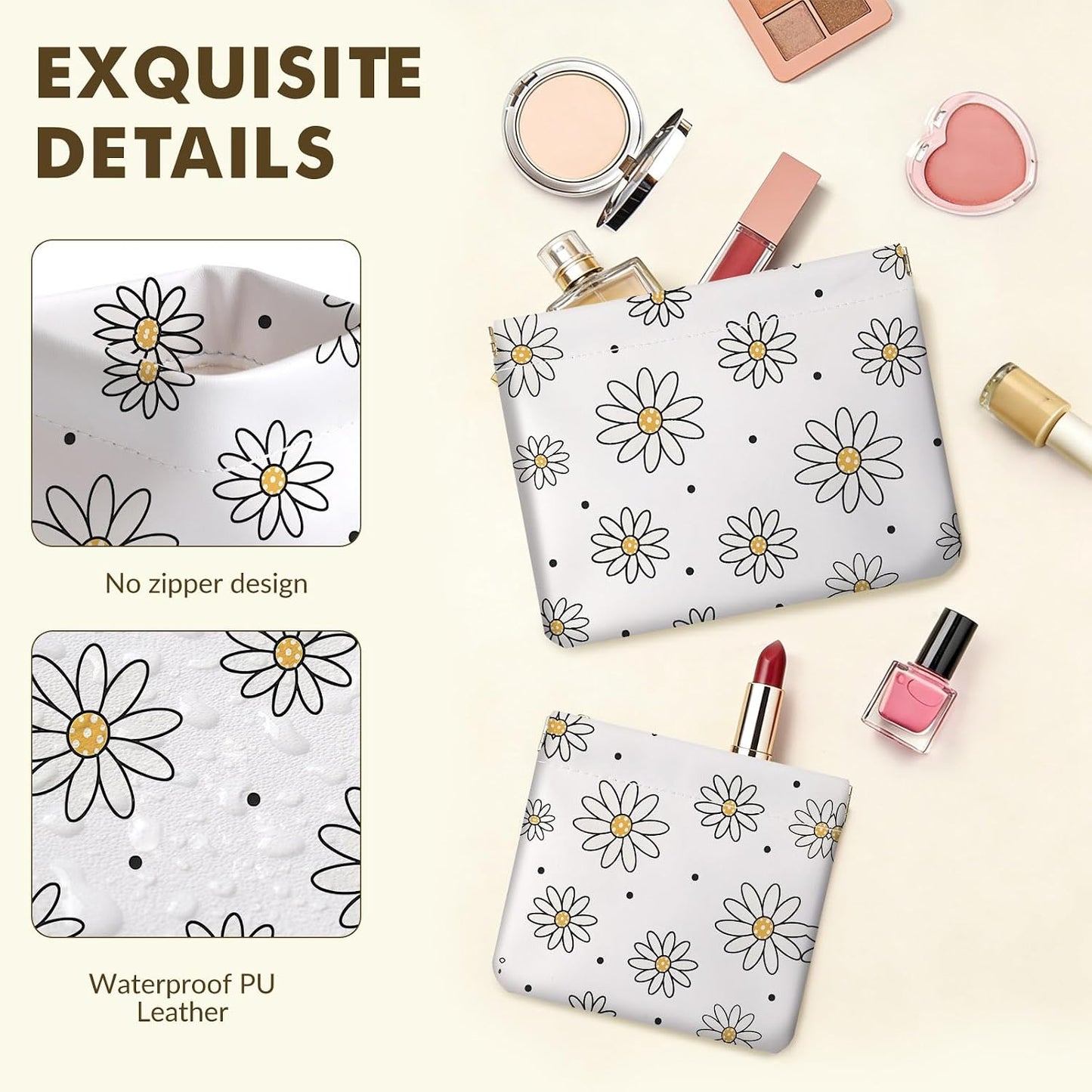 Small Makeup Bag Set - 2 PCS PU Leather Cosmetic Organizer | Portable Travel Toiletry Pouch for Women - Black Floral Design