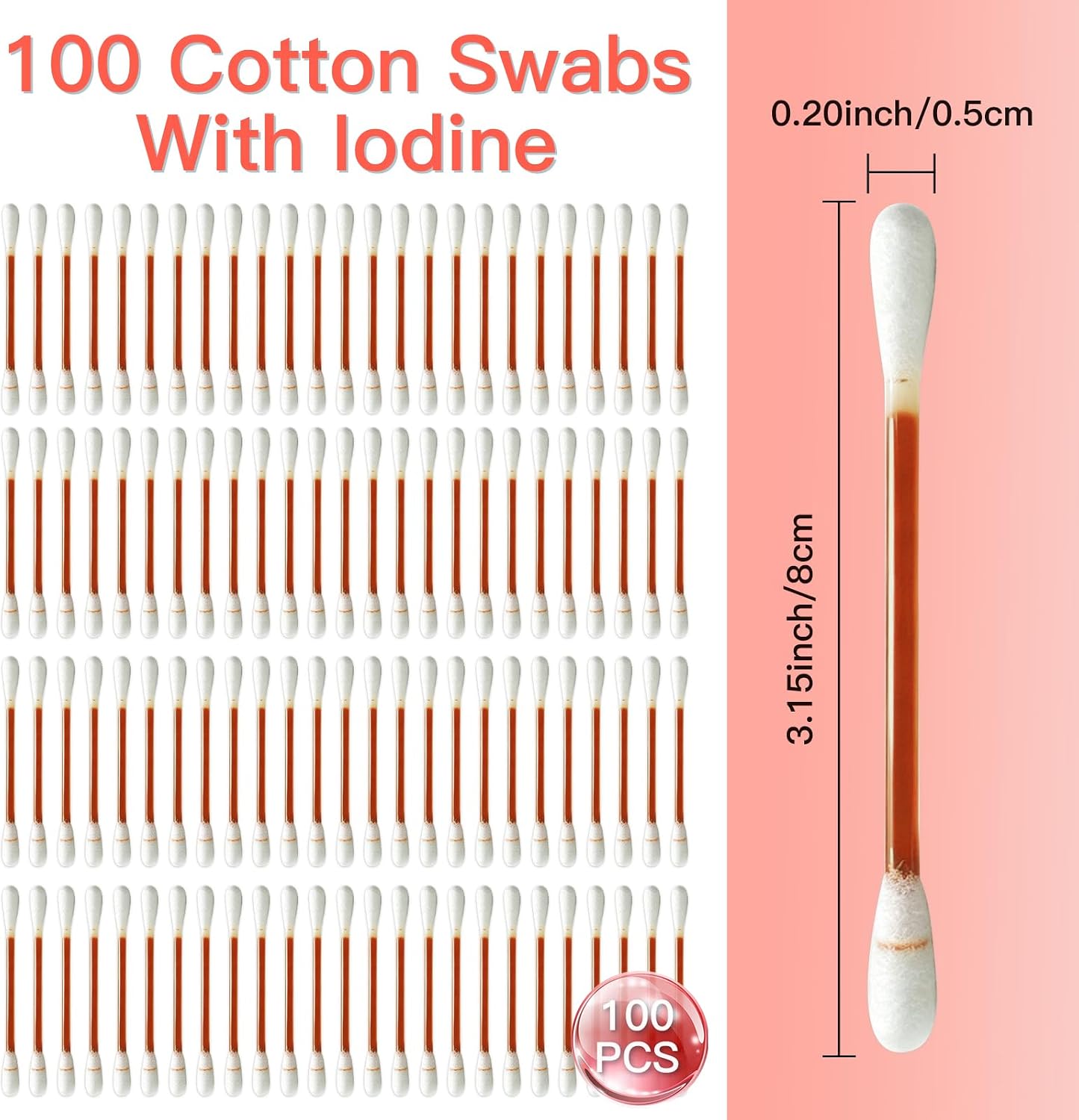 Cotton Iodine Swabs - 100 Individually Wrapped Disposable Iodophor Swabsticks for First Aid & Emergency Care | Medical Safety Kit