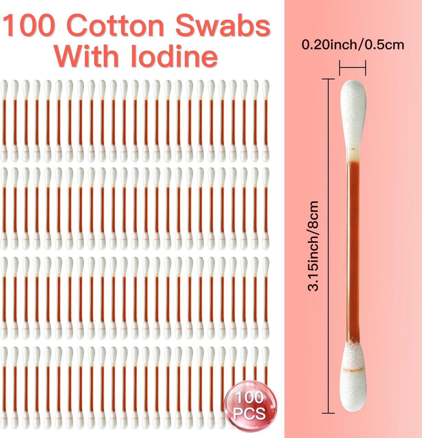 100 Pcs Cotton Iodine Swabs Individually Wrapped – Disposable Iodophor Swabsticks Medical Sanitary First Aid Kit Emergency Care Safety Home Travel Use