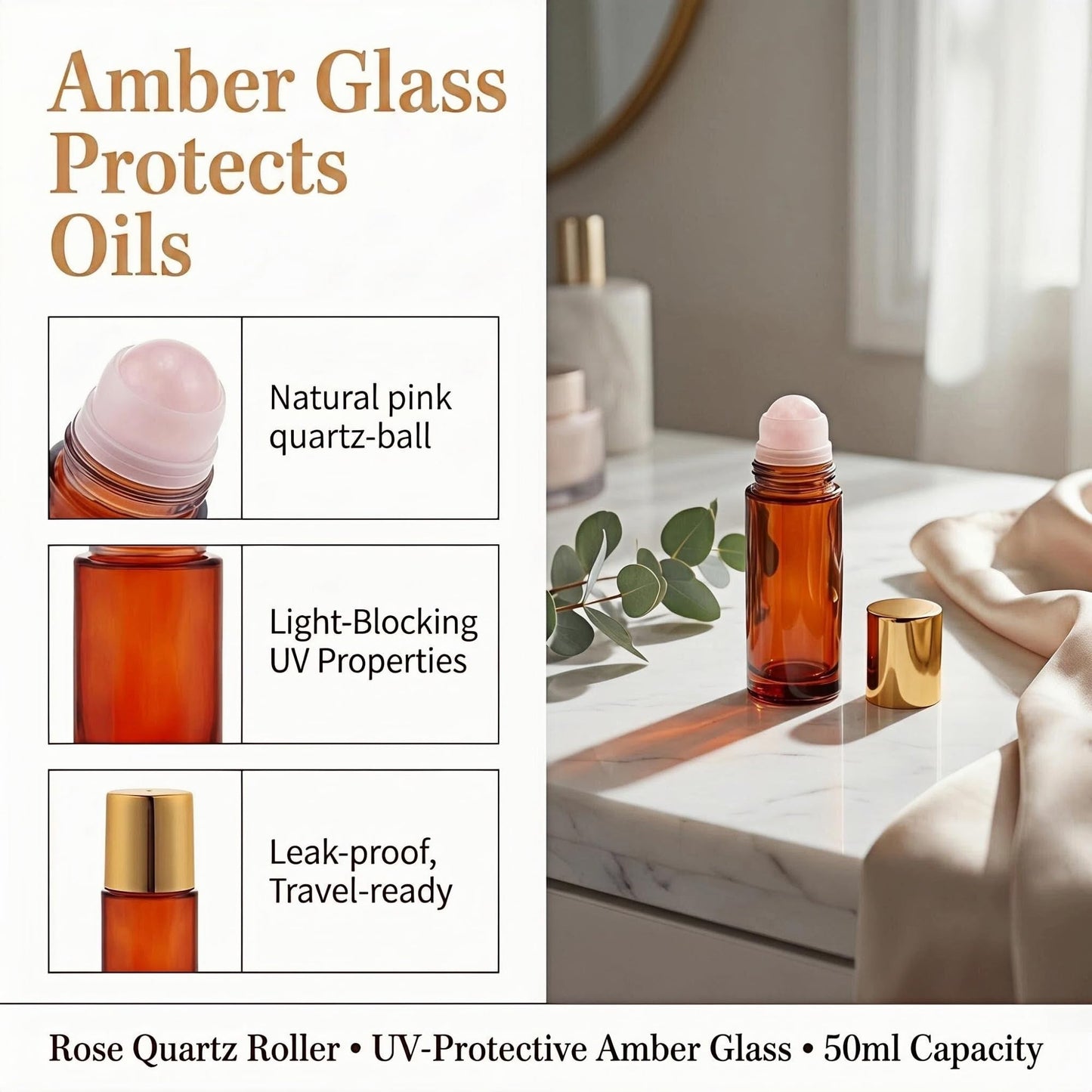 Roller Ball Applicator,Rose Quartz Roller Bottle,50ml Refillable Amber Glass Roll On Bottles with Natural Crystal Roller Balls,Leak-Proof Travel Perfume Bottle with Gold Caps (Pink)