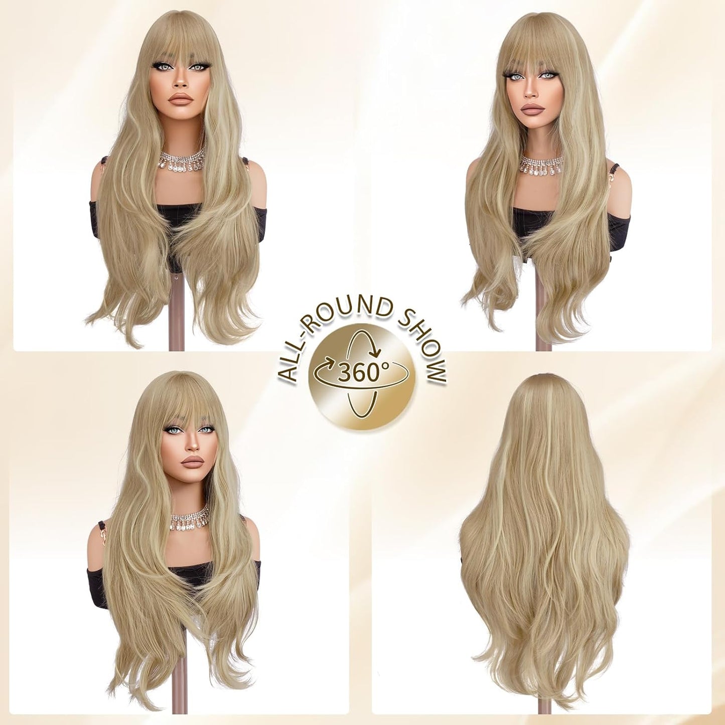 Blonde Wigs with Bangs - Long Layered Natural-Looking Synthetic Wavy Hair | 26-Inch Dirty Blonde