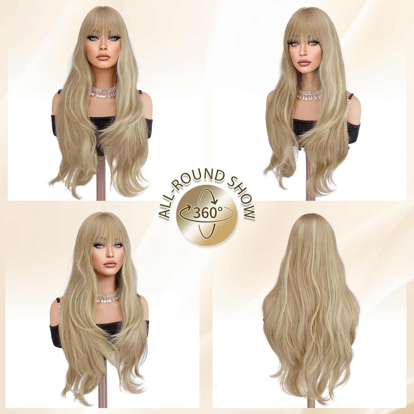 Haloo Blonde Wigs with Bangs - Long Layered Natural Looking Synthetic Heat Resistant Wavy Hair Wigs for Women Daily Party, 26 Inch Dirty Blonde