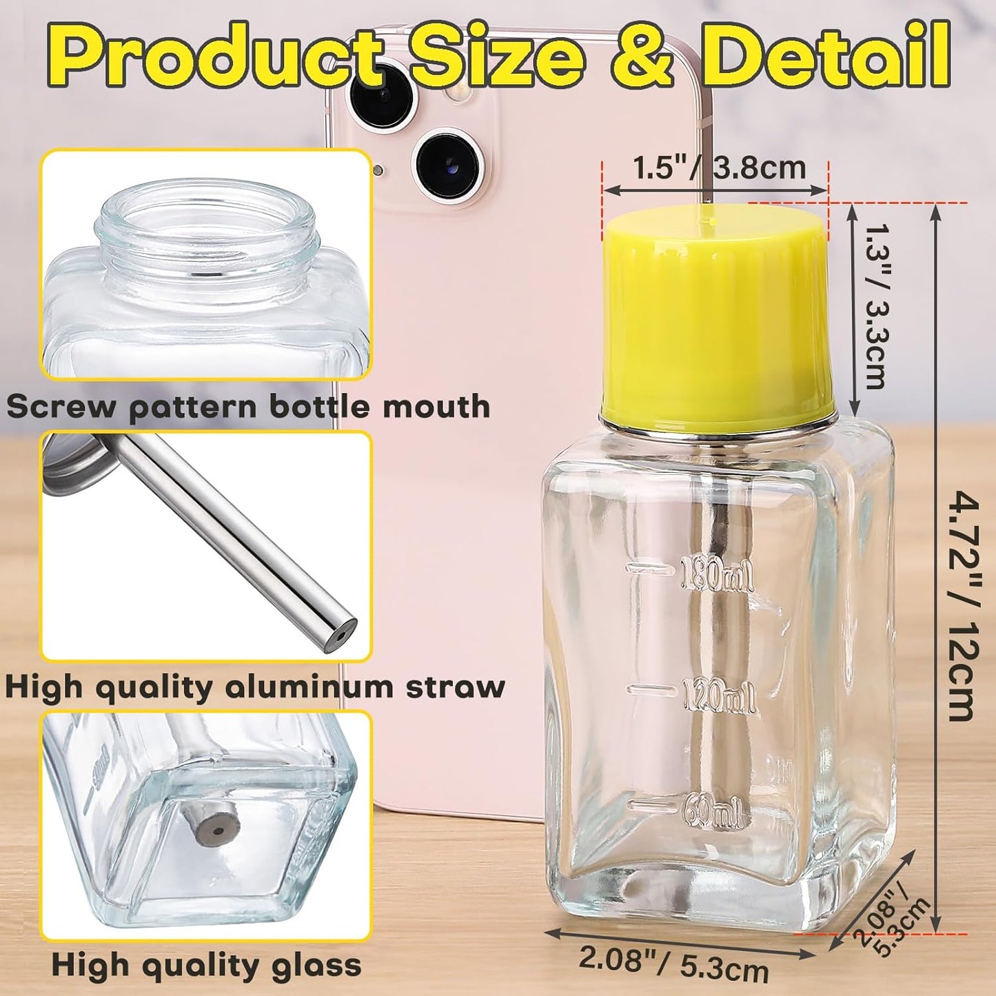 Noverlife Glass Push Down Pump Dispenser - 6Oz Acetone & Nail Polish Remover Bottle | Copper Core Design
