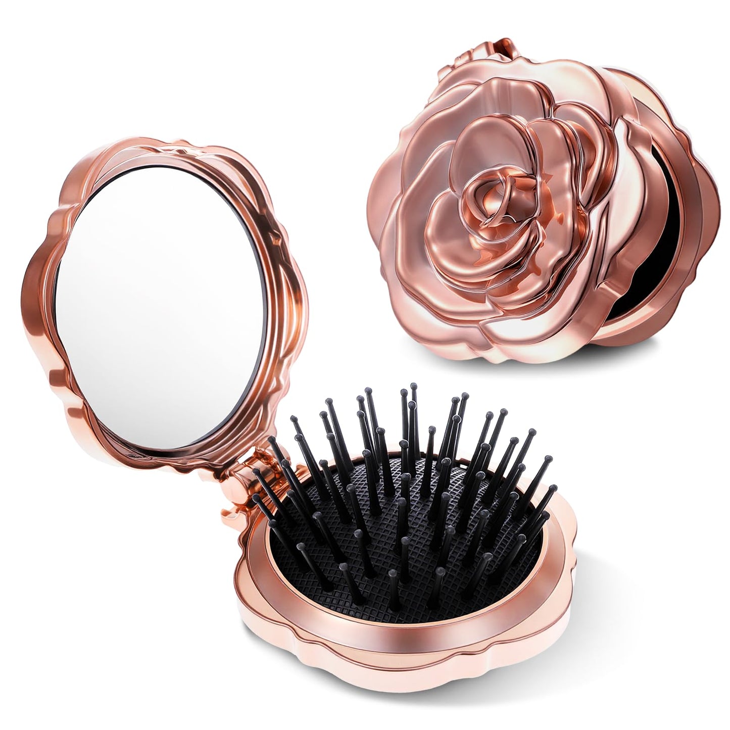 Matwsec 2 Pcs Folding Hair Brush for Women, Rose Gold Small Hair Brush for Purse, Compact Mini Hairbrush with Mirror, Portable Pocket Travel HairBrush for Women Girls Stocking stuffers