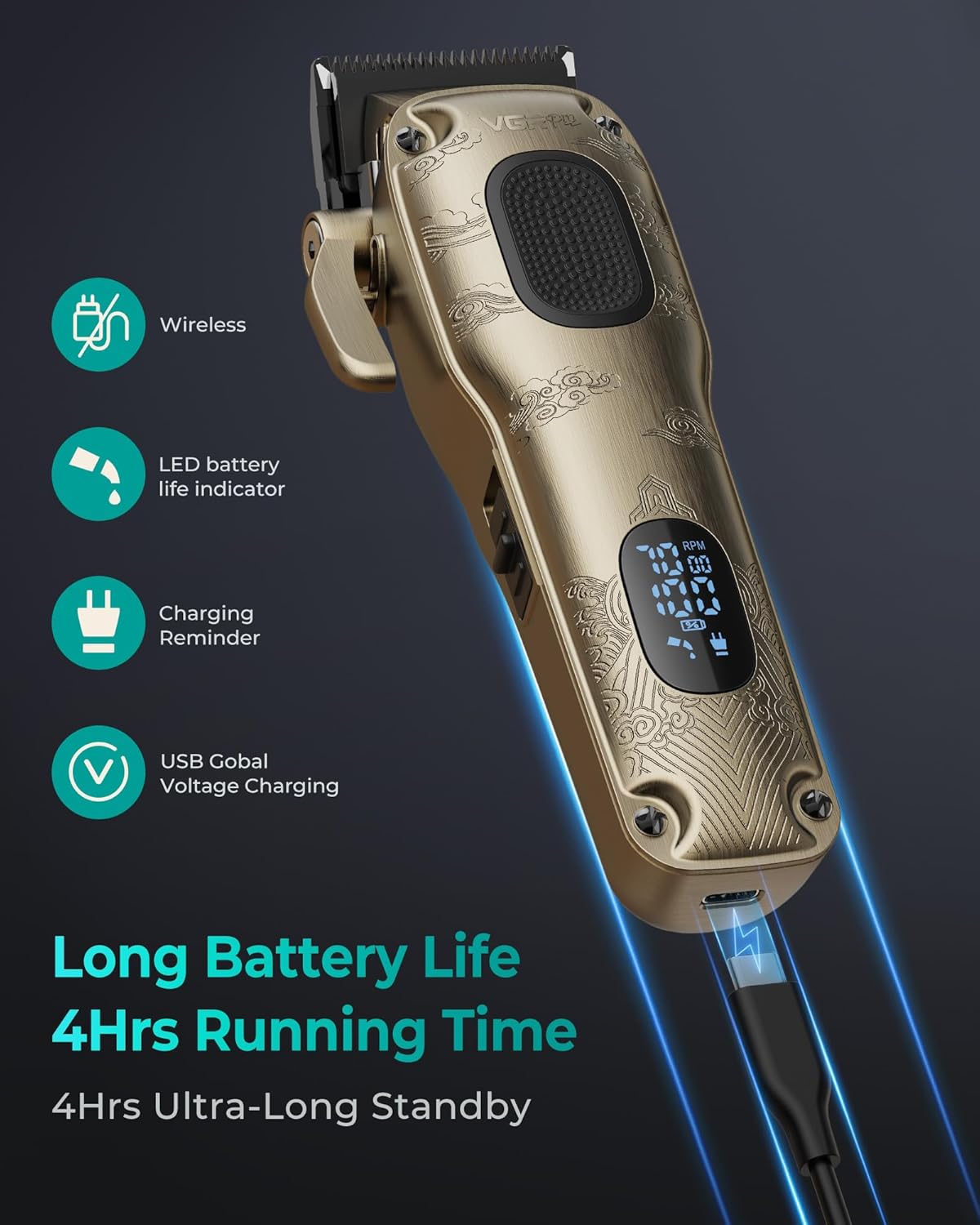 VGRPRO Hair Clippers for Men - Professional Cordless & Corded Grooming Kit | LED Battery Display, Golden Finish