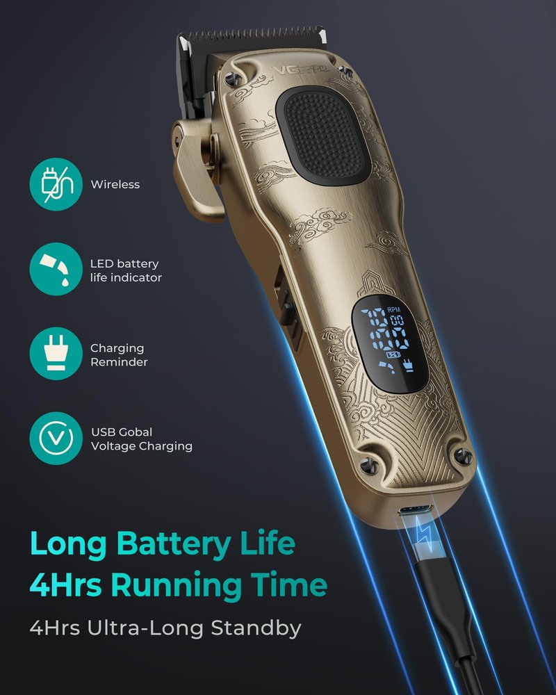 VGRPRO Hair Clippers for Men Professional, Cordless & Corded Barber Clippers for Hair Cutting with Package Case, Electric Grooming Kit for Home & Barber Use, LED Battery Display (Golden)